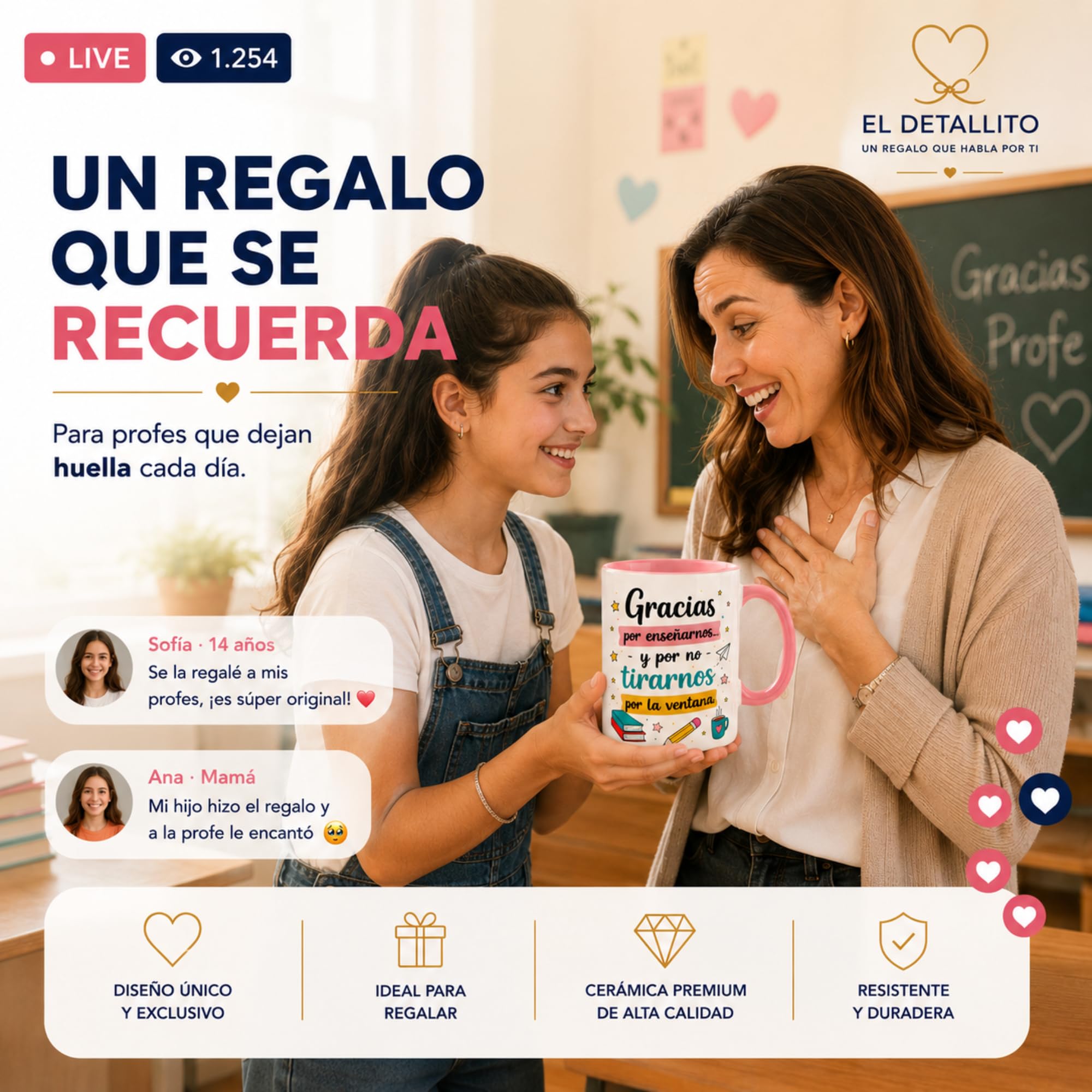 El Detallito & Tú Taza Personalizada Para Profesores Regalo Fin De Curso Recuerdo Emotivo Para Maestros Detalle De Alumnos Y Padres Cerámica Cafe (GRACIAS POR ENSEÑARNOS Y NO TIRARNOS POR LA VENTANA)
