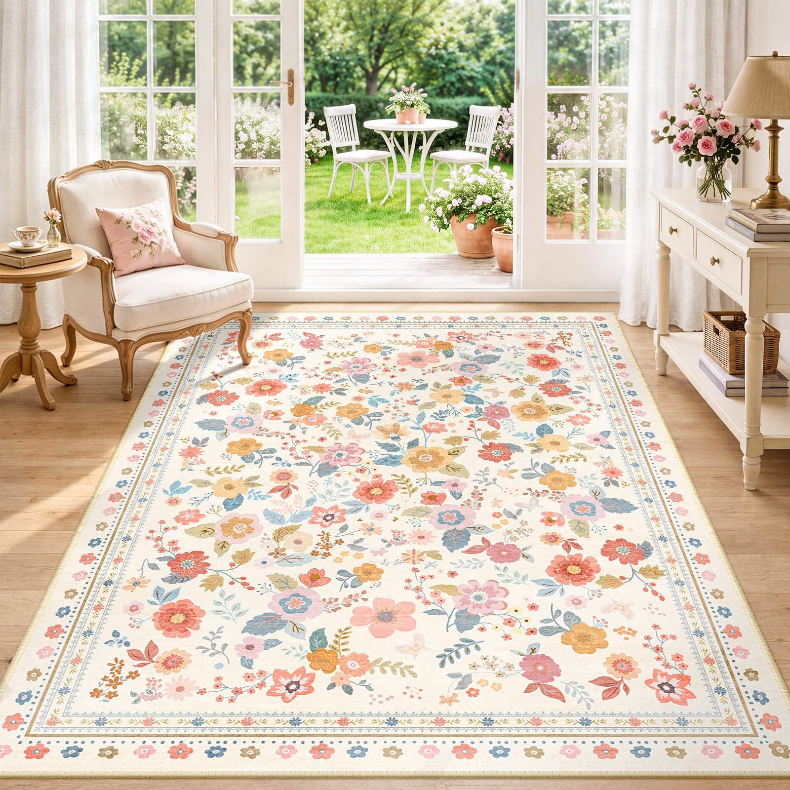 INOVADAY Washable Rug Floral Print 120x180 cm Cream Living Room Rug — image 1