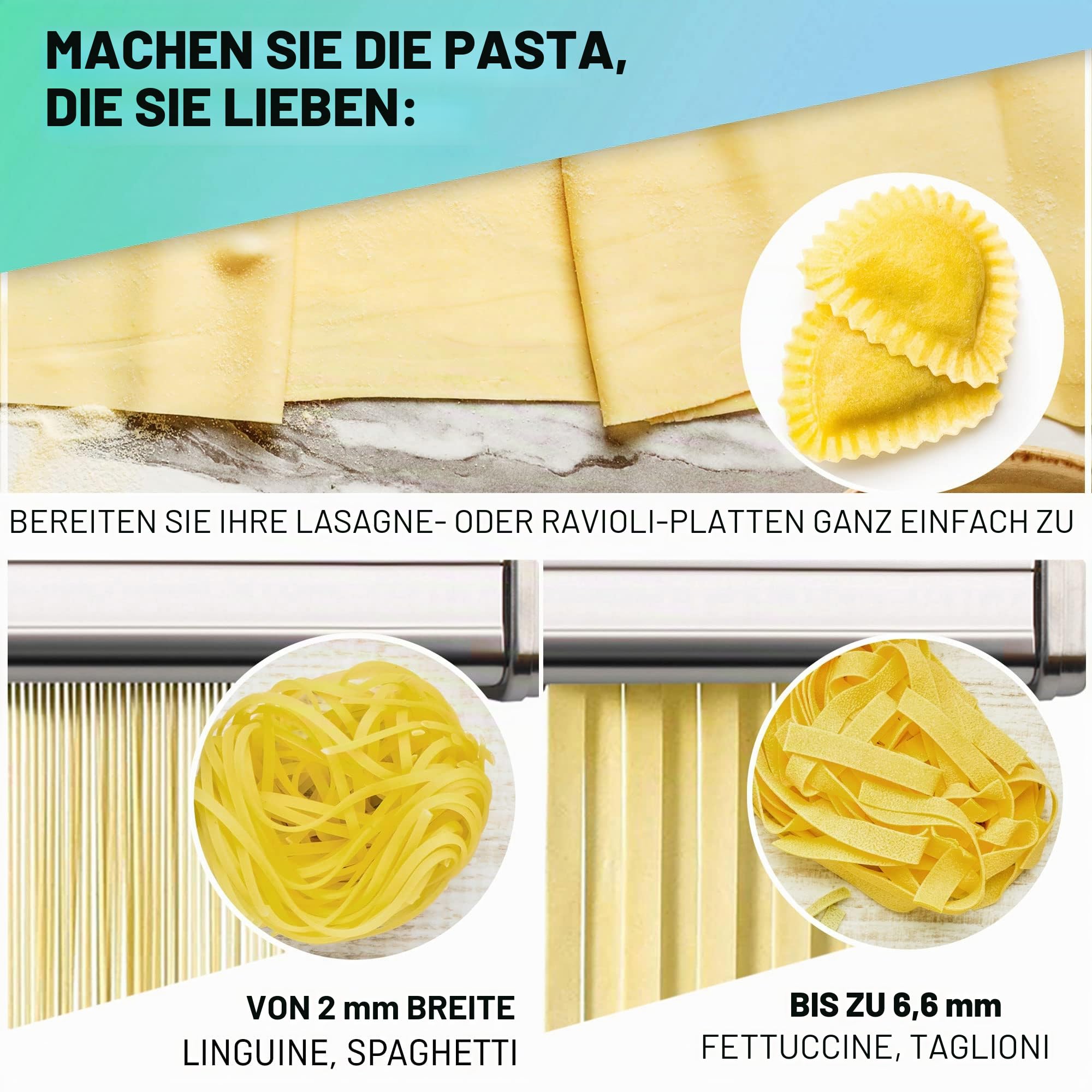 Manuelle Nudelmaschine mit Trockner - Multi-Pasta Edelstahl Rostfrei Italienische Flachteigmaschine 7 stufig einstellbar, scharfem Messer Klemme - Frische hausgemachte Nudeln, Spaghetti, Lasagne