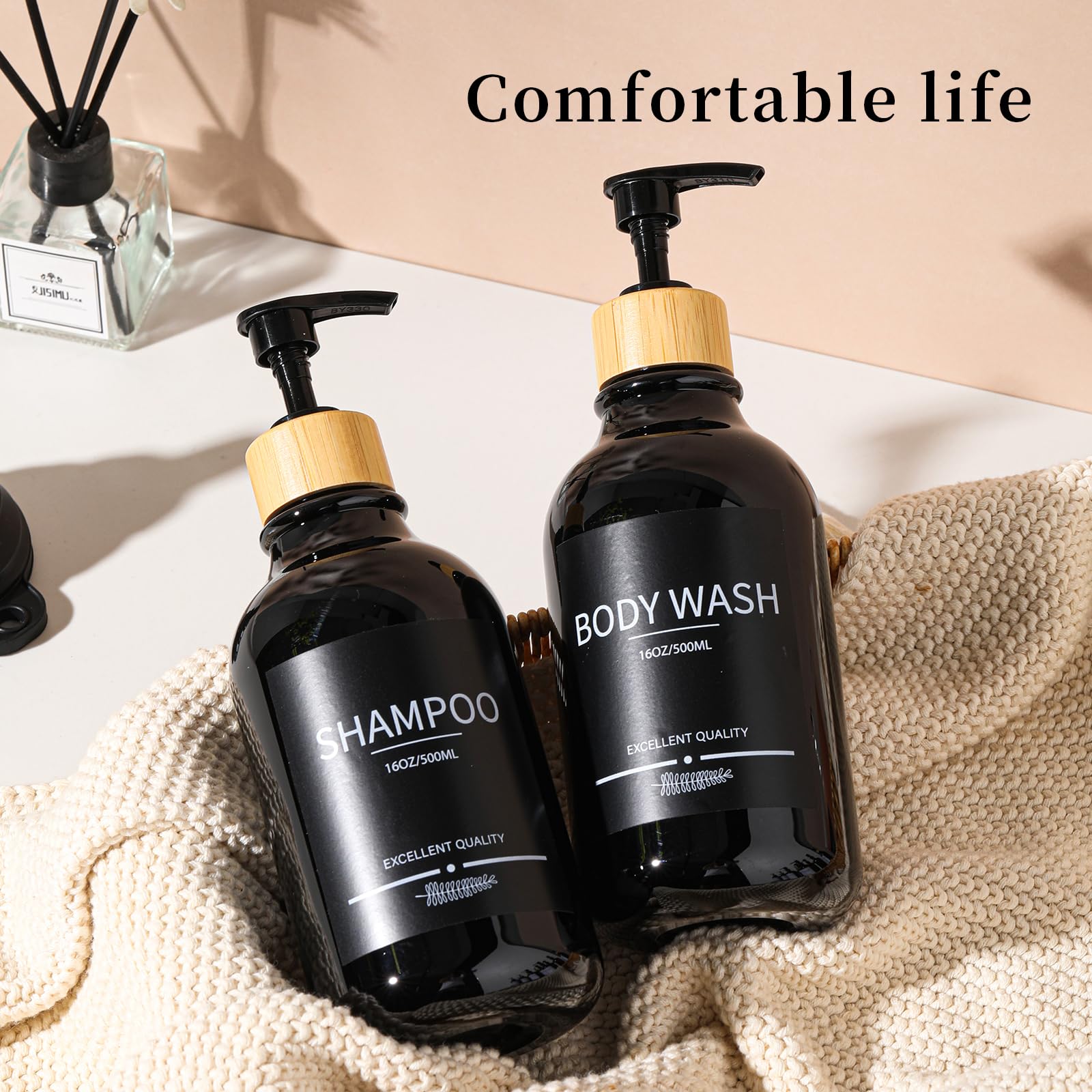 Paquete de 5 botellas dispensadoras de champú y acondicionador, recargables de 16.9 onzas, juego dispensador de champú de baño negro
