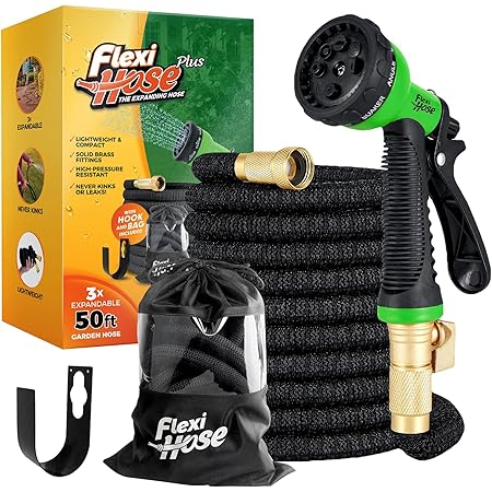 Flexi Hose Plus Lightweight Expandable Garden Hose, No-Kink Flexibility, 3/4 Inch Solid Brass Fittings and Double Latex Core