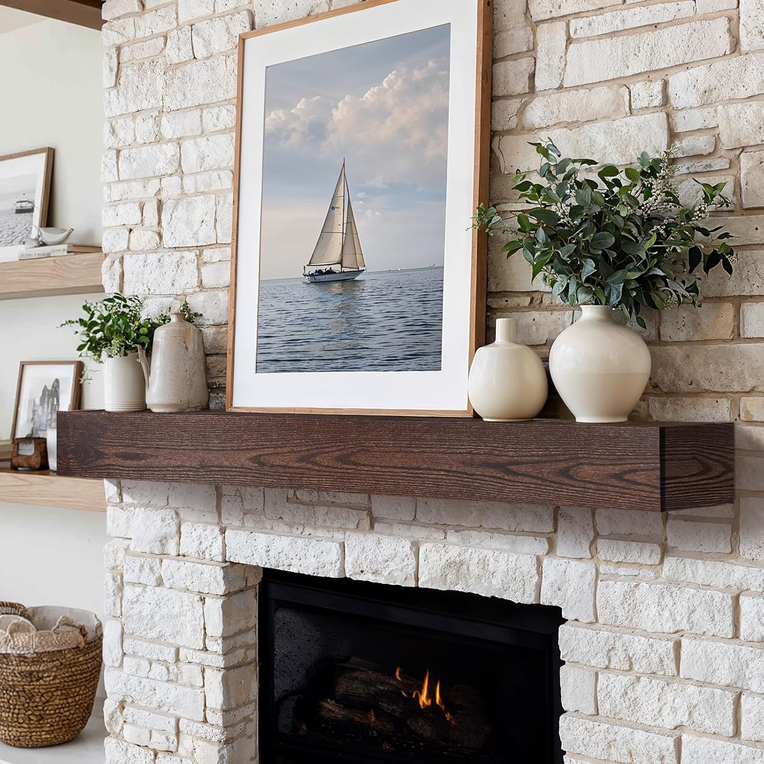 Fireplace Mantel 72 inch - Rustic Elm Wood Mantel, Wall-Mounted Mantel Shelves, Decorative Mantels, Rustic Floating Mantels Shelves, Black Walnut Color