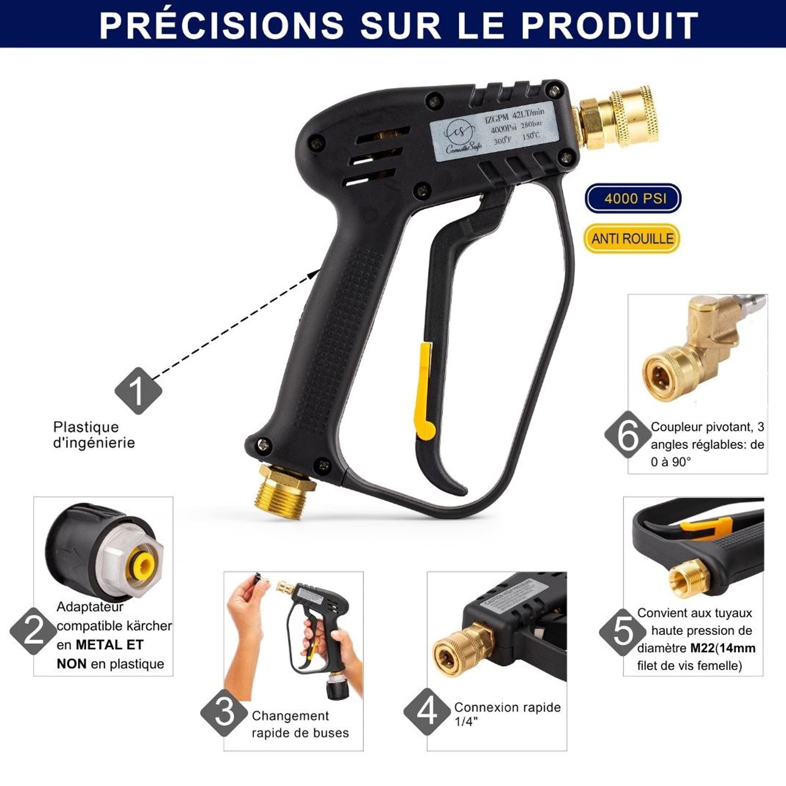 ComwithSafe Pistolet de Lavage Haute Pression+ Coupleur pivotant, 6 buses 1/4"- Pistolet 4000 PSI de Nettoyage pour Voiture - Int M22-14mm, Adaptateur pour Karcher K1-K7, filtre eau,guide inclus