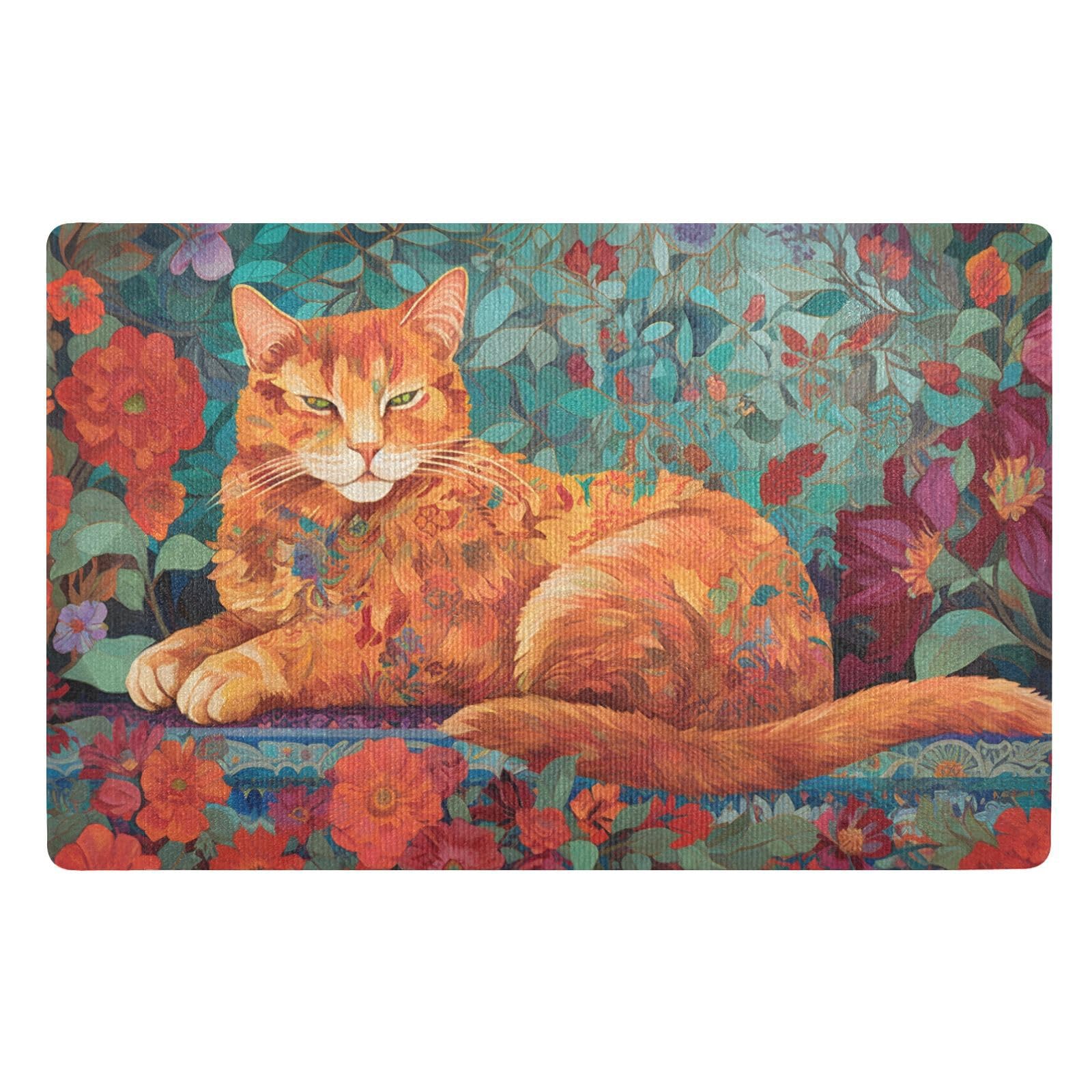 WOIWB Doormat Orange Cat Flower Print, Welcome Mat 20x32 inches Dirt Resist, Door Mat for Entryway Front Door Bedroom Bathroom