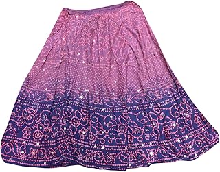 Mogul Interior Womens Bohemian Skirt Pink Purple Bandani Printed Flared Festive Cotton Skirts Medium