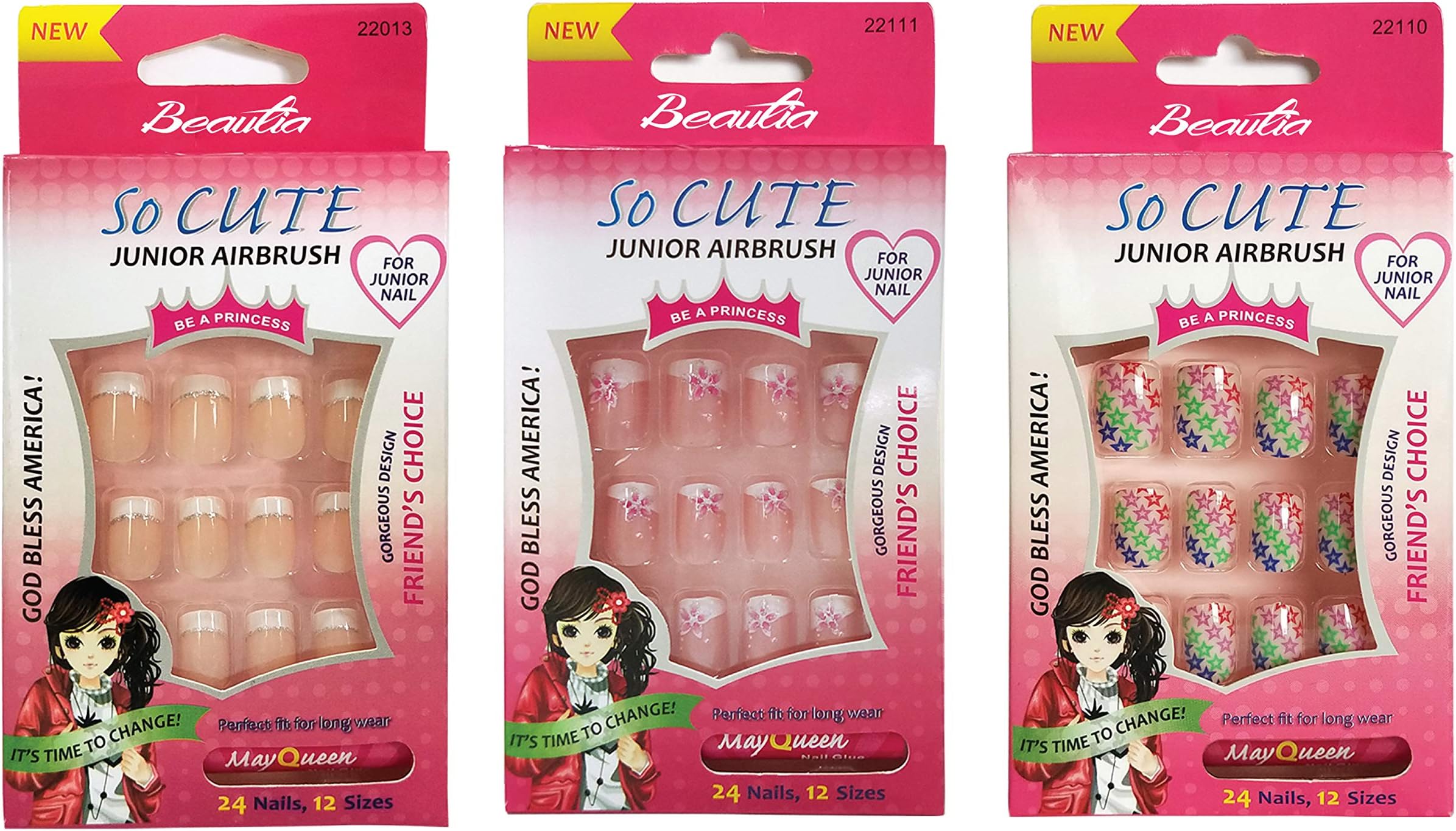 Beautia 3PACK 72tips So Cute Junior False Fake Nails with Glue for Kids