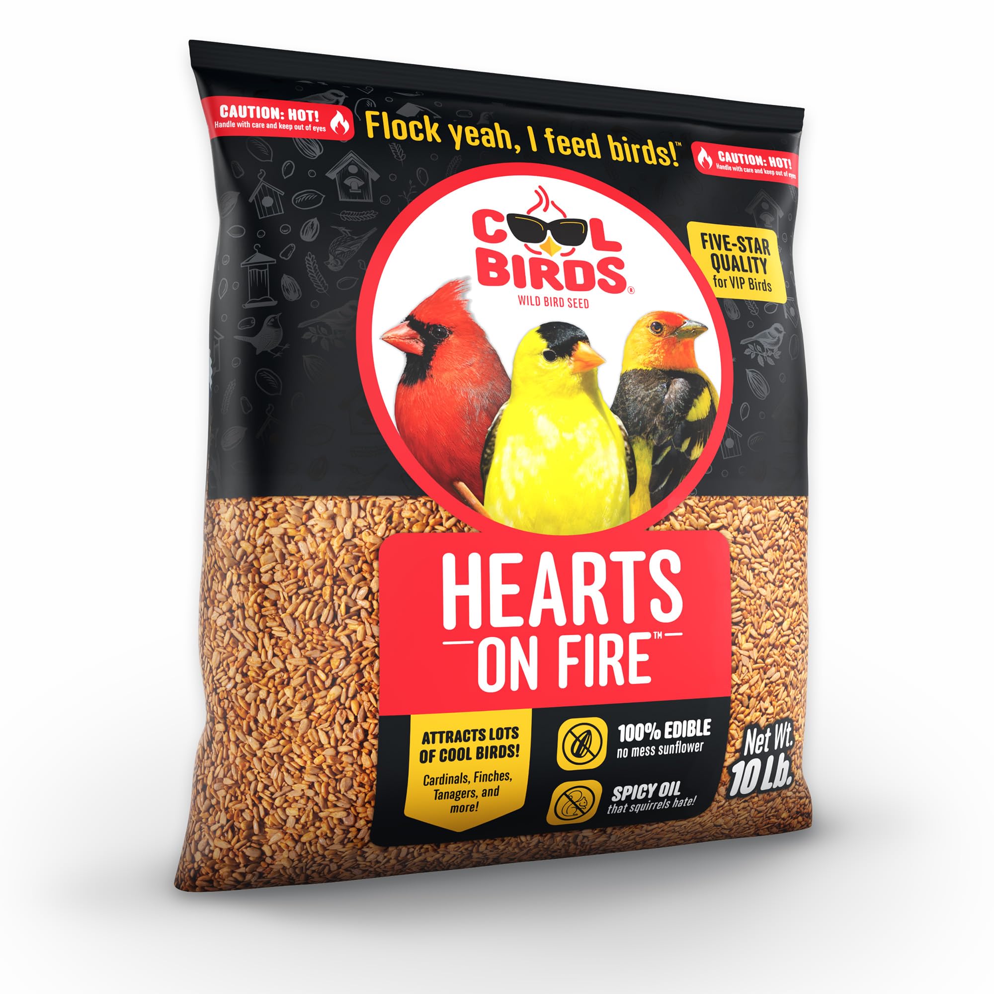 Cool Birds Hearts on Fire - Semilla de pájaro caliente, 10 libras, corazones de girasol 100% descascarados con aceite de chile, semillas de pájaros sin residuos para comederos exteriores