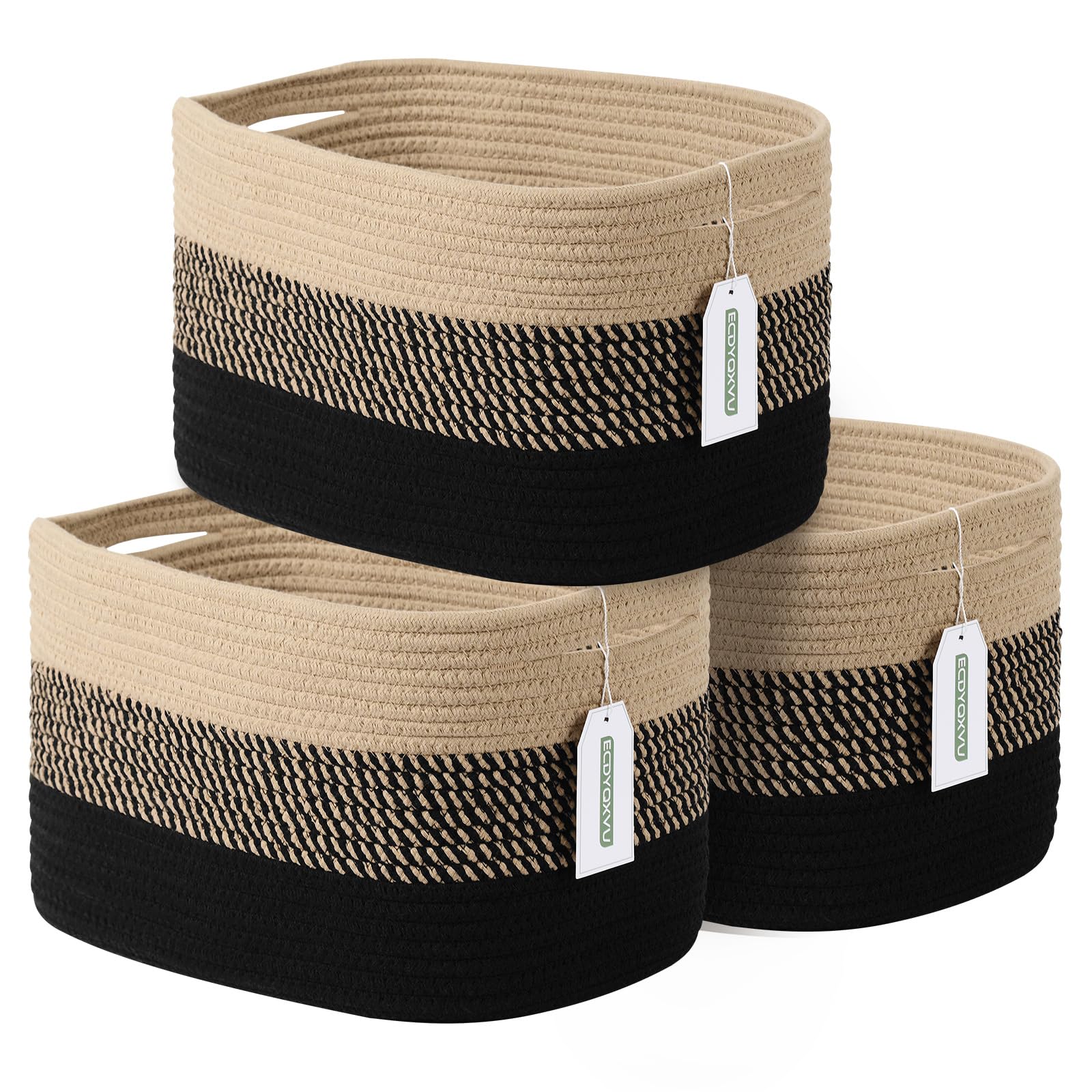 ECDYQXVU Cotton Rope Storage Basket, 15x10x9 Inches, Woven Basket for Shelves, Clothes, Towels, Books, and Laundry, Gradient Black/Brown (3 Pack)