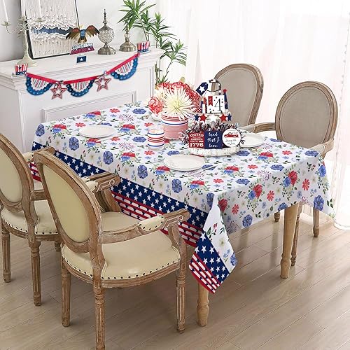 ZORKET Mantel rectangular para el 4 de julio, 60 x 84 pulgadas, mantel patriótico, bandera estadounidense del Día de la Independencia, diseño floral