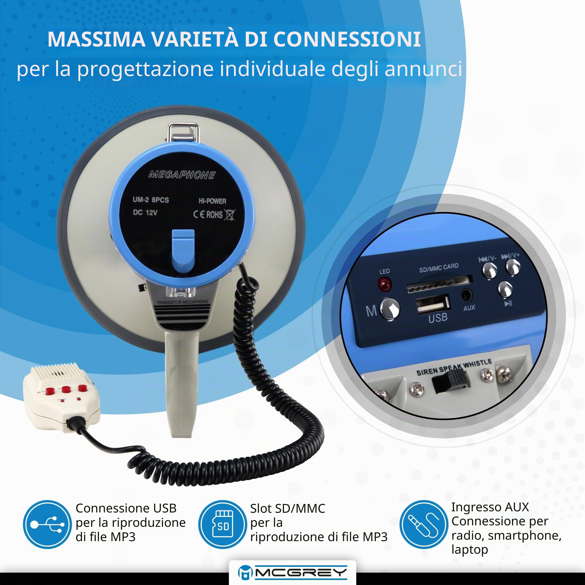 McGrey MP-800HRS megafono portatile 25W RMS/80W MAX, portata 1000m, microfono, sirena, fischietto, registrazione, lettore USB/SD/AUX-MP3, batteria, grigio/blu.