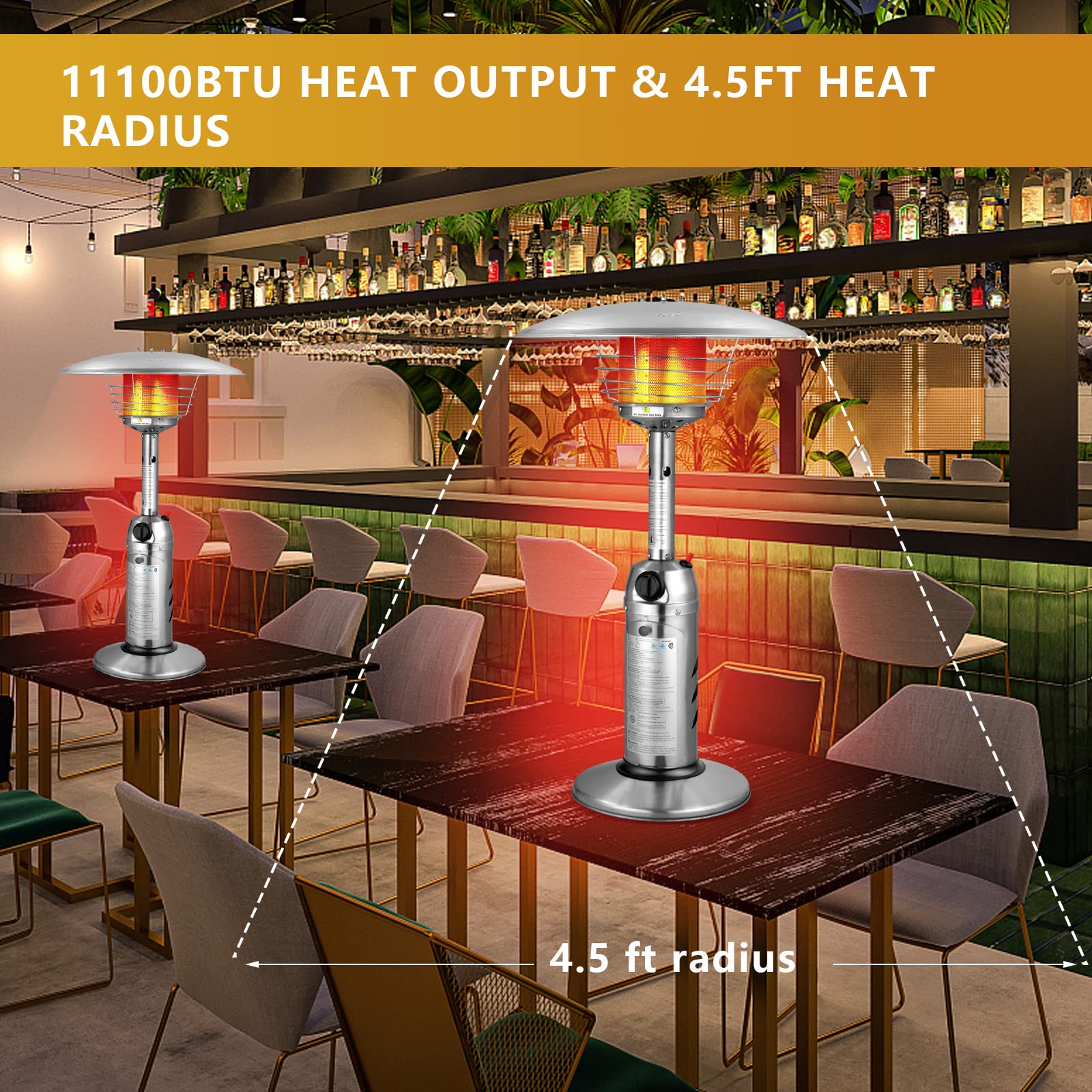 Amazon.com: Tangkula Tabletop Propane Patio Heater, 11,000 BTU Portable Outdoor  Heater W/Adjustable Flame, Simple Ignition System, Tipping-Over Protection,  Ideal for Courtyard, Garden, Patio Restaurant (Silver) : Patio, Lawn u0026  Garden