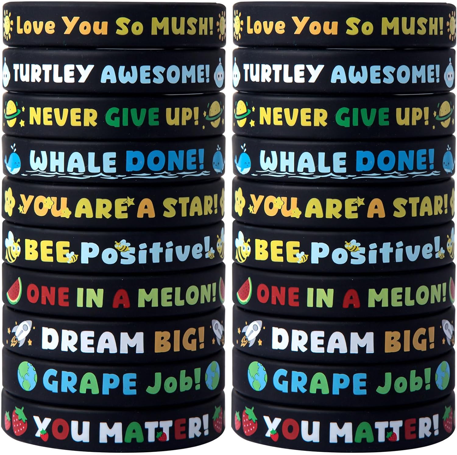 100 Piece Fun Patterned Motivational Silicone Wristbands | Students Inspirational Bracelets Specifically For Children And Students (Black)