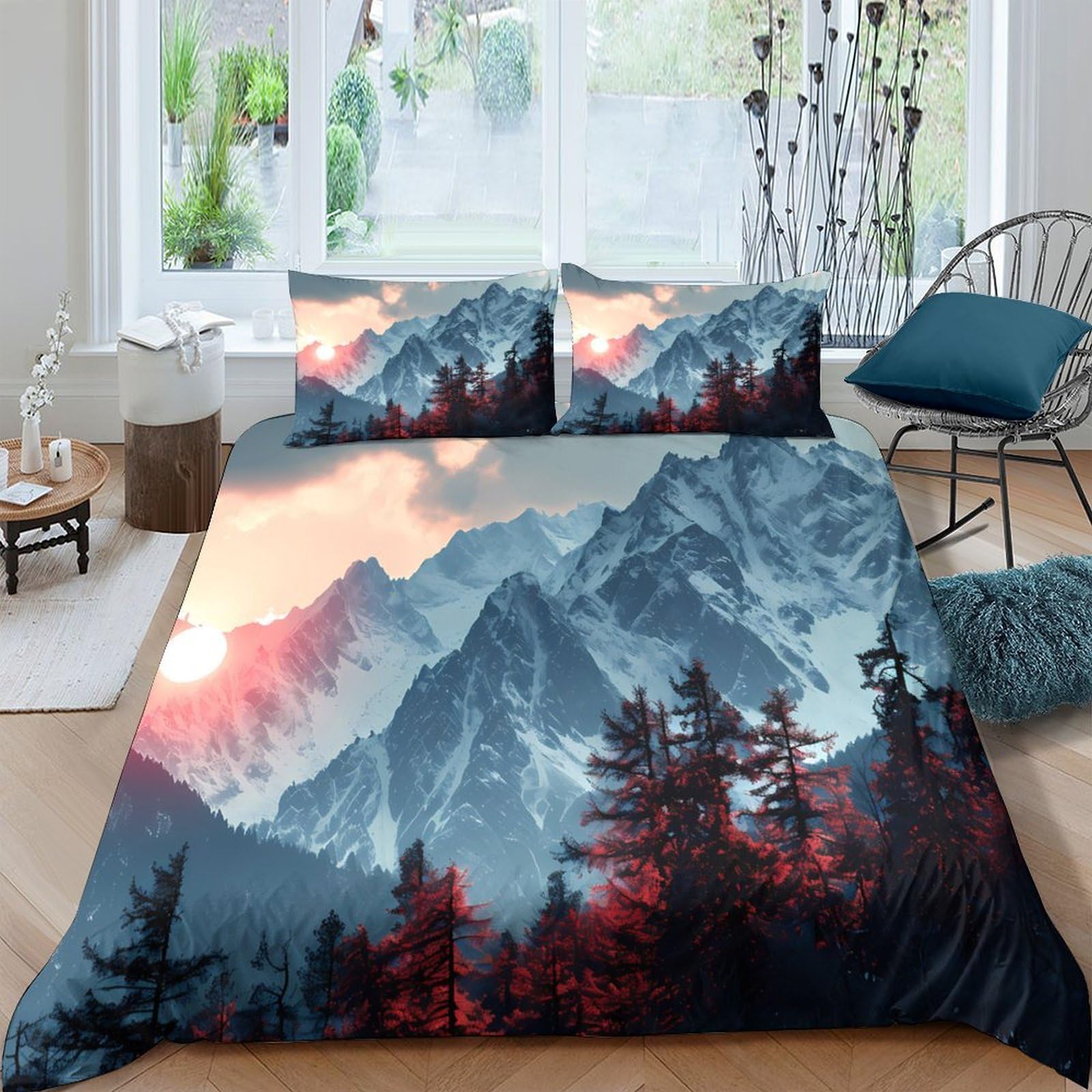 Ctjqhvkz Style-9 3D Printed Mountain Sunrise Fitted Sheet Microfiber Soft Forest Landscape Bed Sheet For Bedroom Dorm Decor Single（135X200cm）