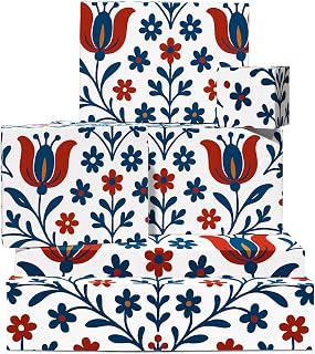 CENTRAL 23 Scandi Folk Floral Wrapping Paper - 6 Sheets Gift Wrap For Women Men Kids Mom Friends - Birthday Christmas Wedding - Red Blue Tulip Flower Print - Comes With Tags