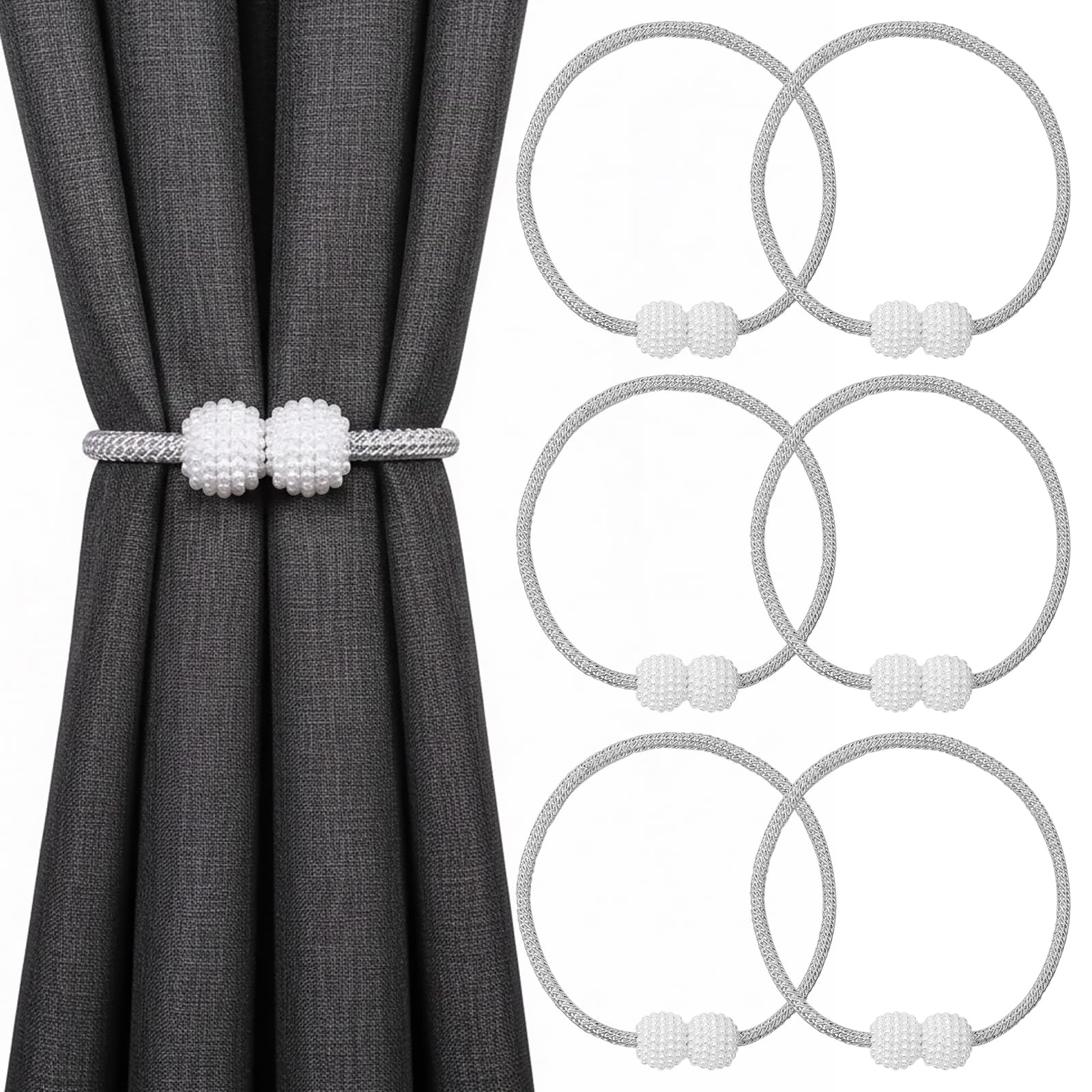 HFZRZFH Magnetic Curtain Tiebacks 6 Pack - 18.9 Inch Grey Pearl Window Treatment Holdbacks, No Drill Boho Room Decor Accessories, Strong Ties for
