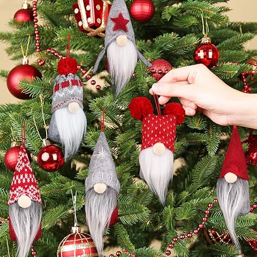 Miniatura 6 de D-FantiX Juego de 6 adornos de Navidad de gnomo, hechos a mano, gnomos suecos Tomte, adornos decorativos de felpa para colgar en el árbol,