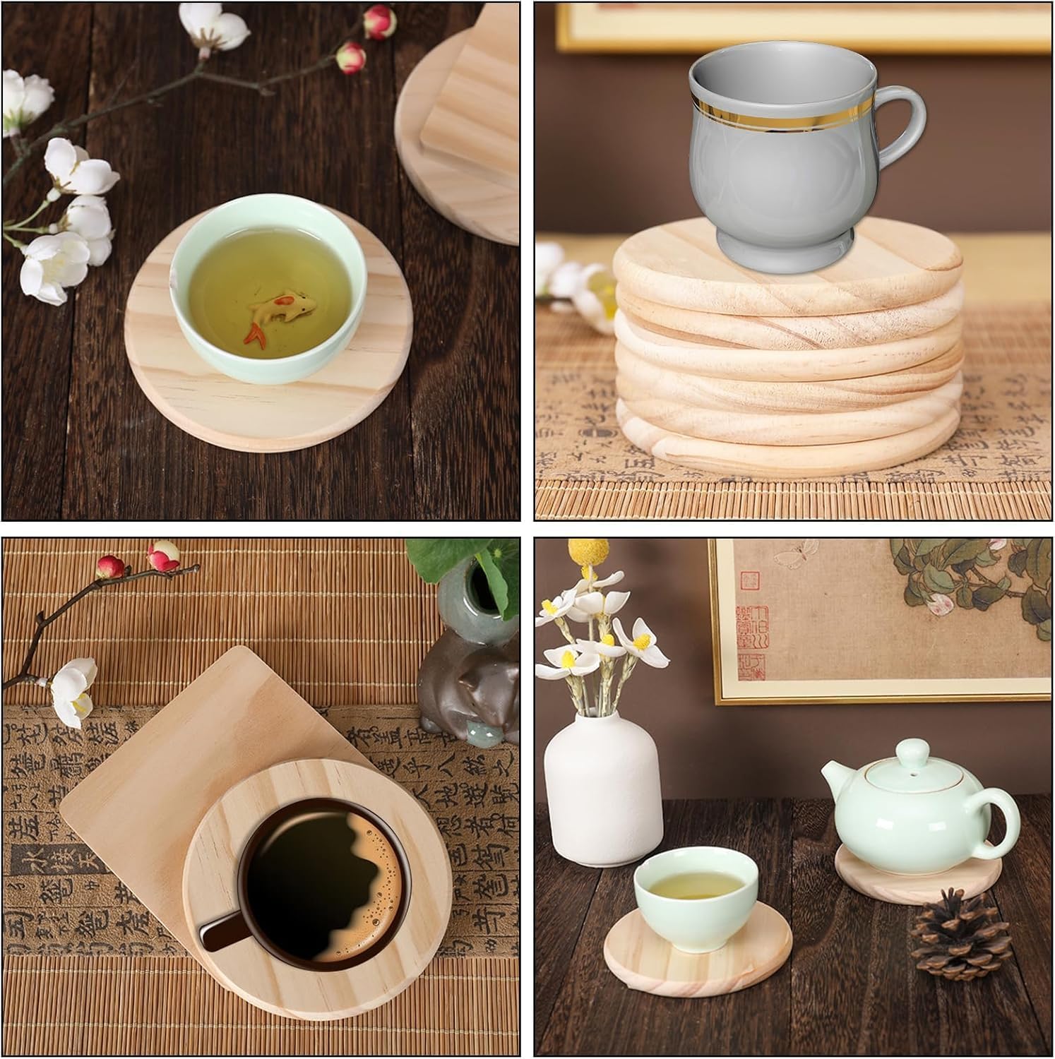 SHUESS 50 Pack Unfinished Wood Coasters 4 Inch Round Wooden Coasters for Crafts with Non-Slip Silicon Dots, Blank Wood Coasters Bulk for DIY Stained Painting Home Decoration Wood Engraving