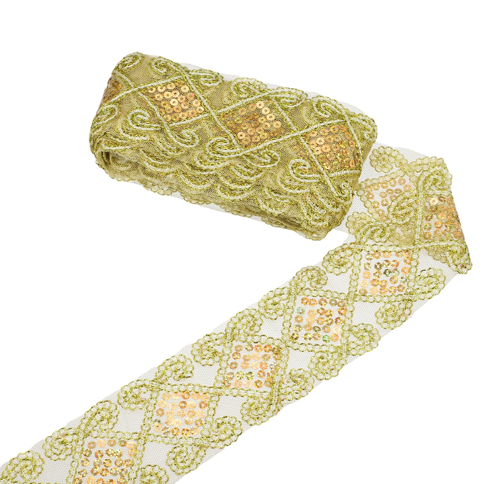 sourcing map Sequins Lace Mesh Trim Lace Ribbon Applique, 6cm 9.14m Diamond Shaped Braid Sequins Lace Fabric for Sewing DIY Craft Curtain Dress Clothing Wedding, Gold
