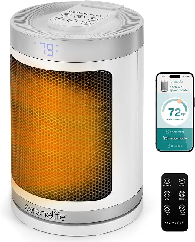 Calentador de espacio inteligente SereneLife – Calentador eléctrico interior de 1500 W con termostato, control remoto, temporizador de 12 horas, calefacción de cerámica PTC habilitada para Wi-Fi para el hogar y la oficina, blanco (5,9" x 5,9" x 9,5")