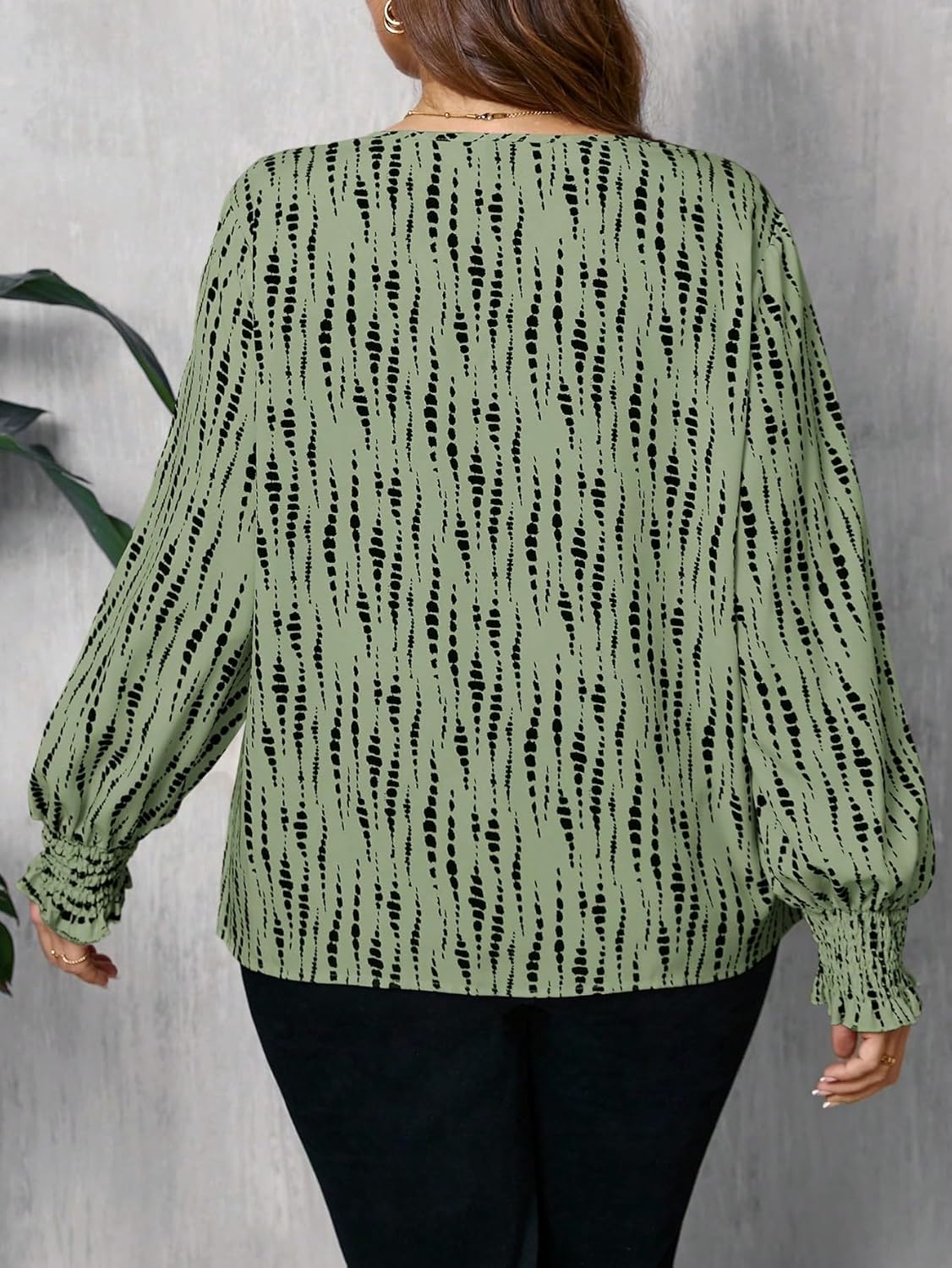 Women's Plus Size Lantern Long Sleeve Blouses Elegant Printed V Neck Work Office Tops - Image 2
