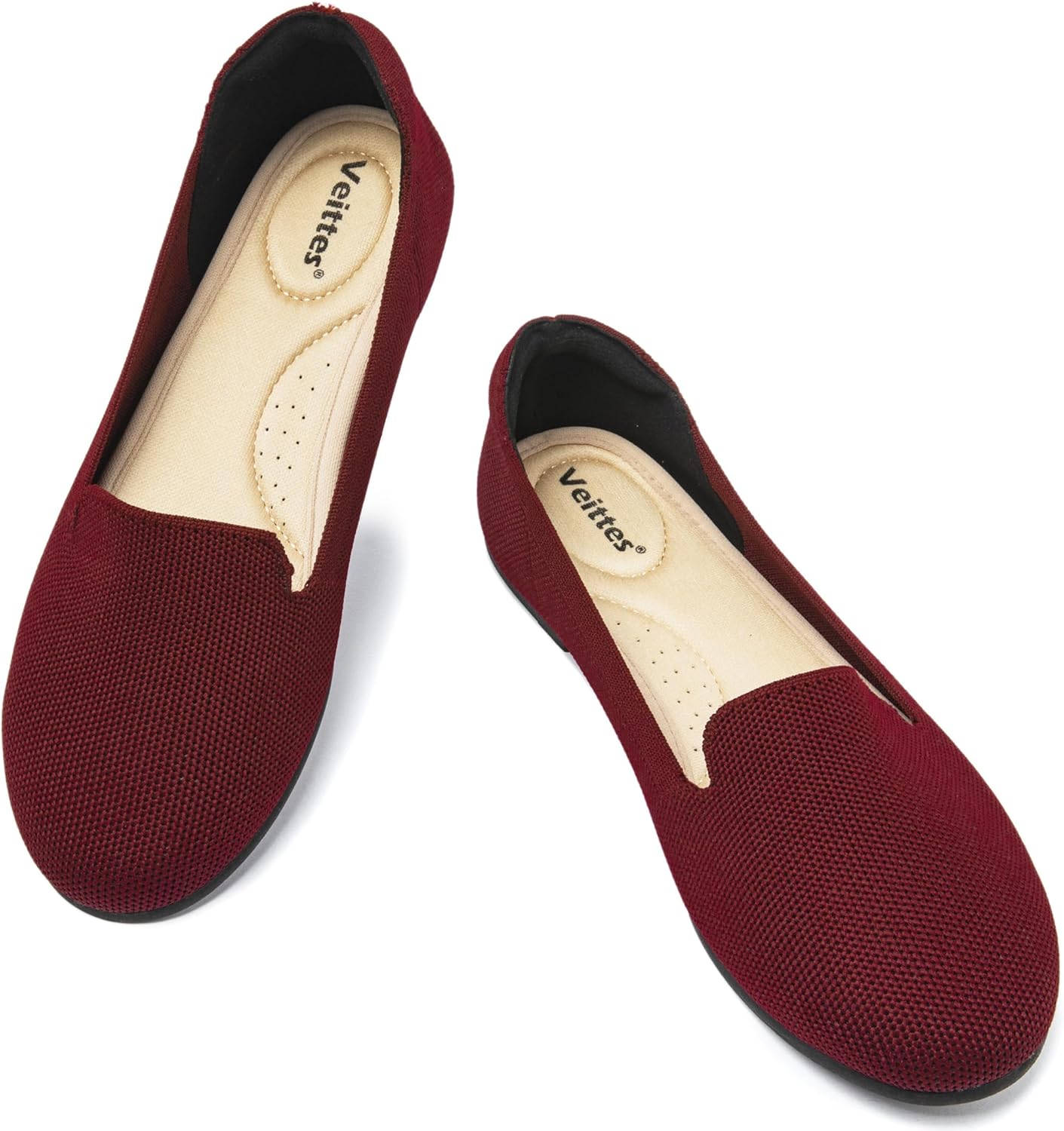 Veittes Women's Wide Width Flats Shoes, Dressy Comfortable Soft Ladies Elegant Slip on Knitted Ballet Shoes.(2205003-4,Burgundy/FK,6W) - Image 4