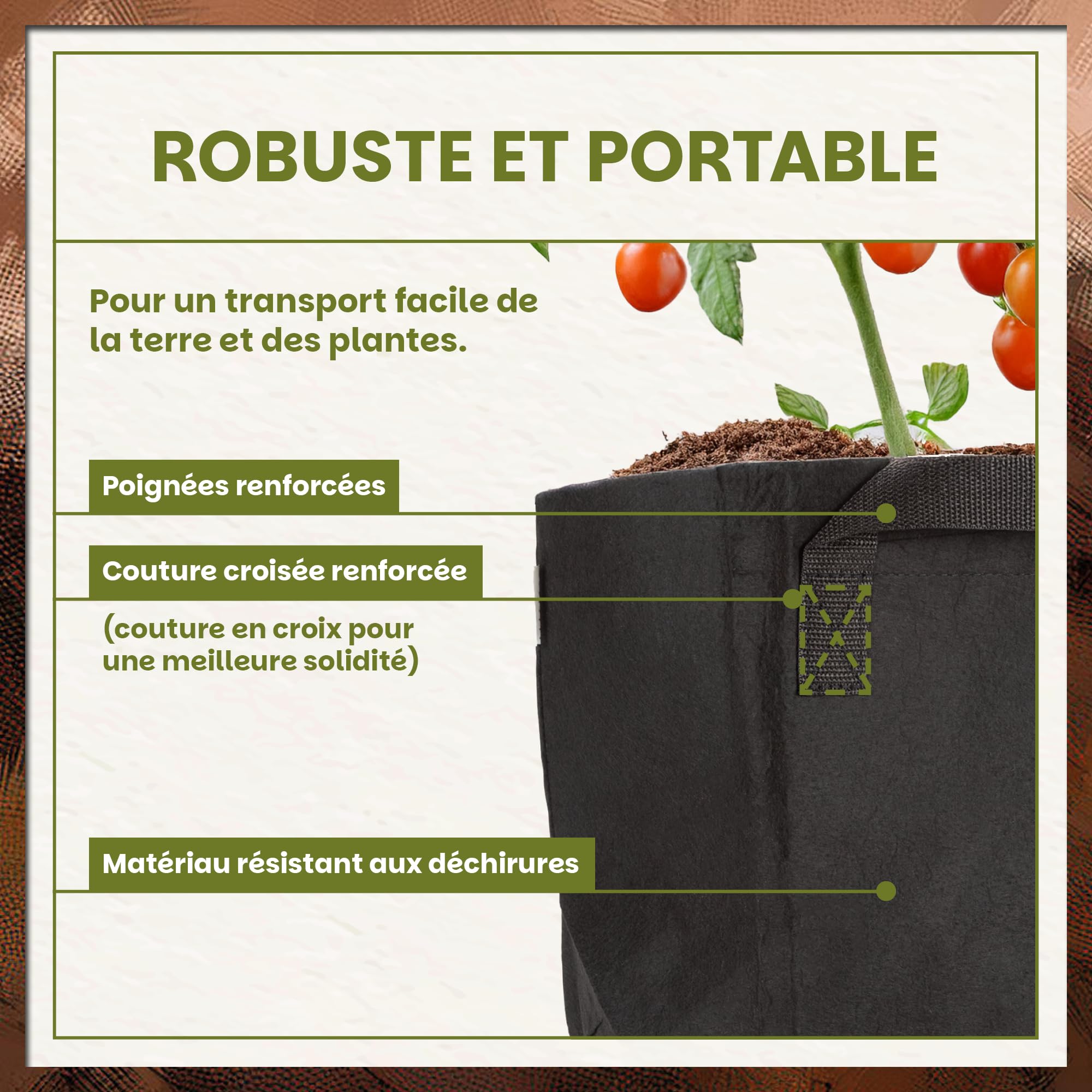Sac de Plantation 18L – Lot de 10 Sacs de Culture en Tissu Respirant avec Poignées – Pots de Jardinage Réutilisables pour Légumes, Herbes et Fleurs – Idéal pour Balcon, Terrasse et Jardin