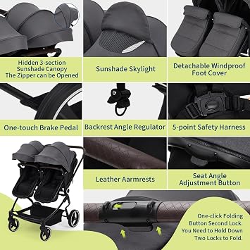Side by Side Double Stroller Newborn and Toddler, Lightweight Compact Twin Stroller with Reversible Seat, Adjustable Backrest & Canopy, Storage Basket, Easy to Fold, Dark Grey