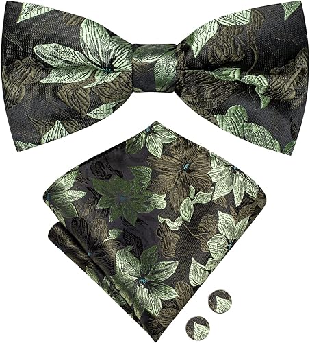 Miniatura 3 de Hi-Tie Pajaritas preatadas para hombre, corbatines de seda y gemelos cuadrados de bolsillo, juego de gemelos para hombre, boda, fiesta, formal