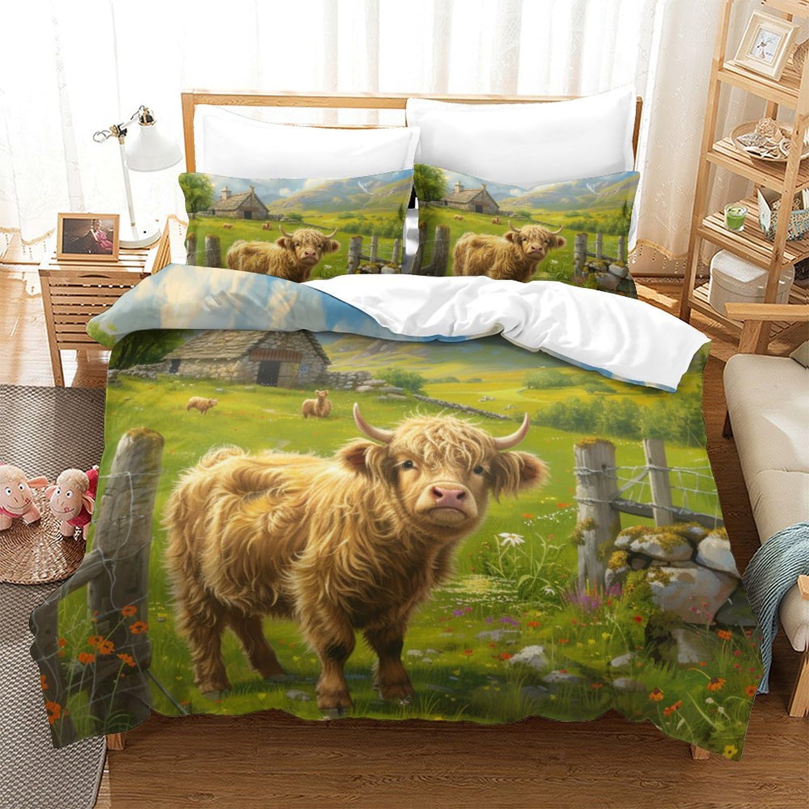 Parure de lit vache 3D sans repassage housse couette 260x220cm anti-pli microfibre ultra douce