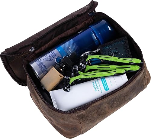 Miniatura 3 de KomalC Neceser de cuero para hombres y mujeres, kit de viaje hecho a mano, bolsa de afeitar resistente al agua para hombres de viaje, bolsa de aseo