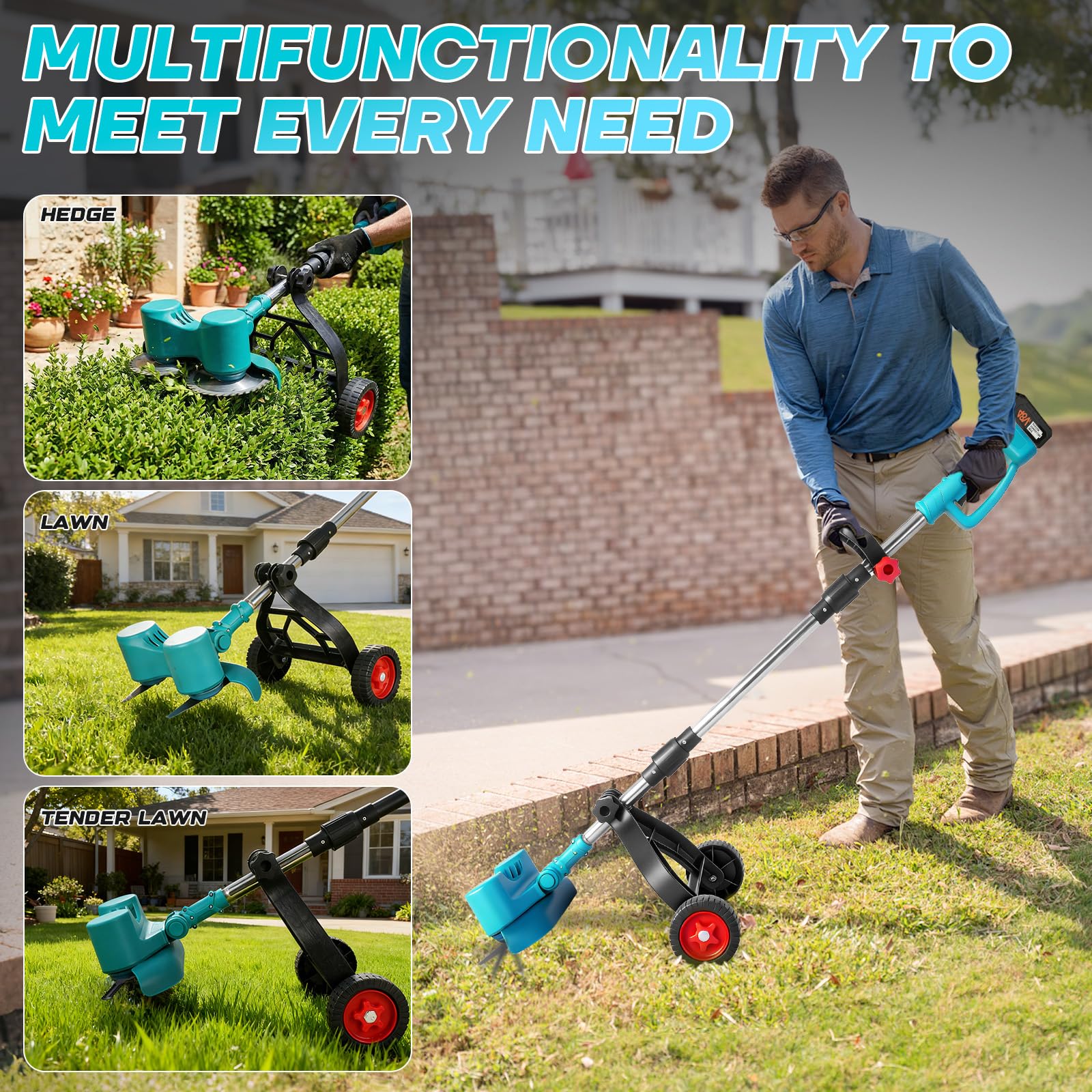 WingFly Rasentrimmer mit Akku und ladegerät, Akku Rasentrimmer für Makita-Akkus mit 2 x 2,40 Ah Batterien, 4 Klingentypen, Seitlichen RäDern, 21V Akku Freischneider für Garden Trimmen