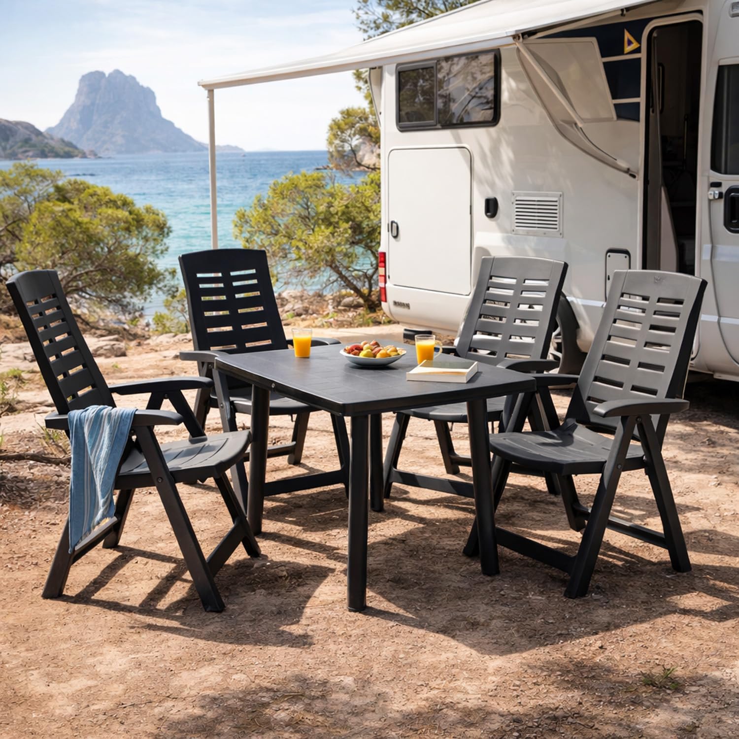 Mojawo 5-teilig Outdoormöbel Gartengarnitur Campingmöbel Gartentisch Kunststoff 100x70cm H72cm + 4 Klappstühle 5 Positionen Anthrazit