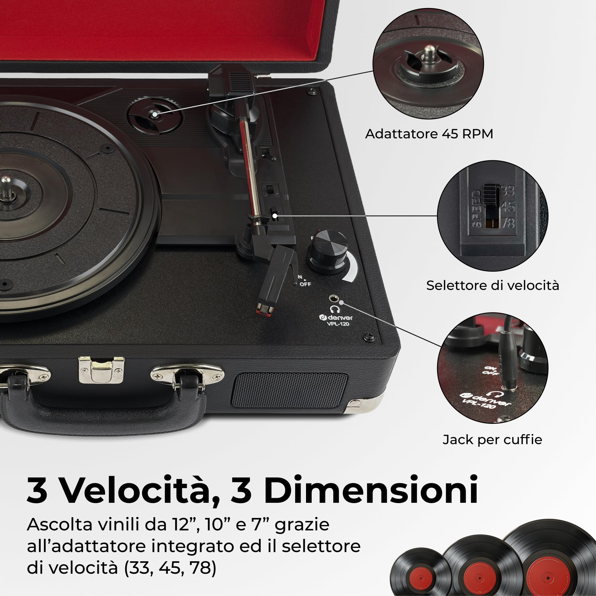 Giradischi Denver VPL-120BLACK design valigia. Altoparlanti integrati, uscita phono, compatibile con vinile 331/3, 45 e 78 RPM, Nero
