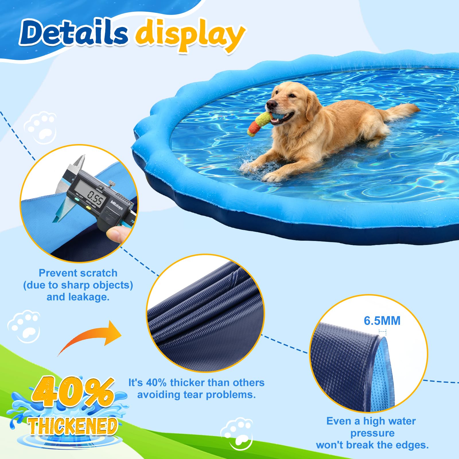 322,6 cm extra großes rutschfestes Spritzpad Sprinkler für Kinder und Hunde, Kiddie Dog Pool, Kid Outdoor Spielzeug für Kinder im Alter von 3–12 Jahren, Sommer Outdoor Wasser Kinder Spielzeug