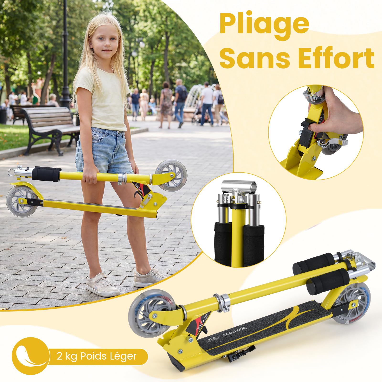 GYMAX Trottinette Enfants 3-7 Ans Pliable, 2 Roues Lumineuses, Hauteur Réglable à 3 Niveaux, avec Béquille, en Aluminium Léger Robuste, Charge Max 70 KG, Roulement Durable ABEC-7