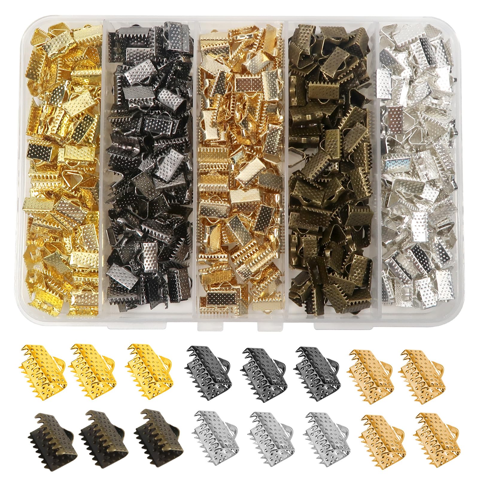 TOAOB 500pcs Iron Ribbon Ends 10mm Bracelet Bookmark Pinch Crimp Clamp 5 Colors Cord End Fastener Clasps for Leather Jewelry Making