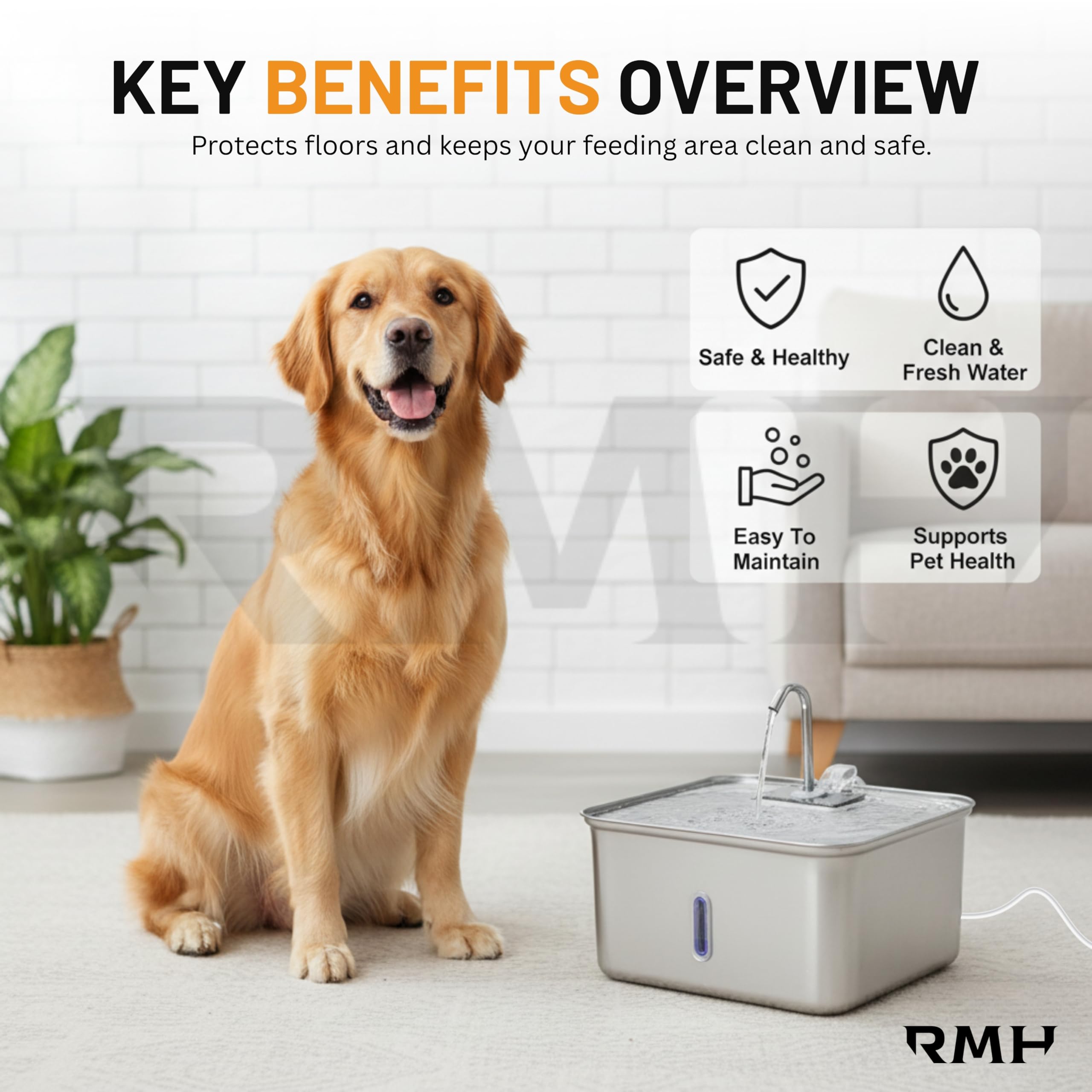RMH 7L Stainless Steel Dog & Cat Water Fountain with Large Waterproof Mat – Automatic Pet Drinking Fountain for Large Dogs & Multi-Pet Homes, Quiet Pump, 3-Stage Filtration, LED Water Window - image 7