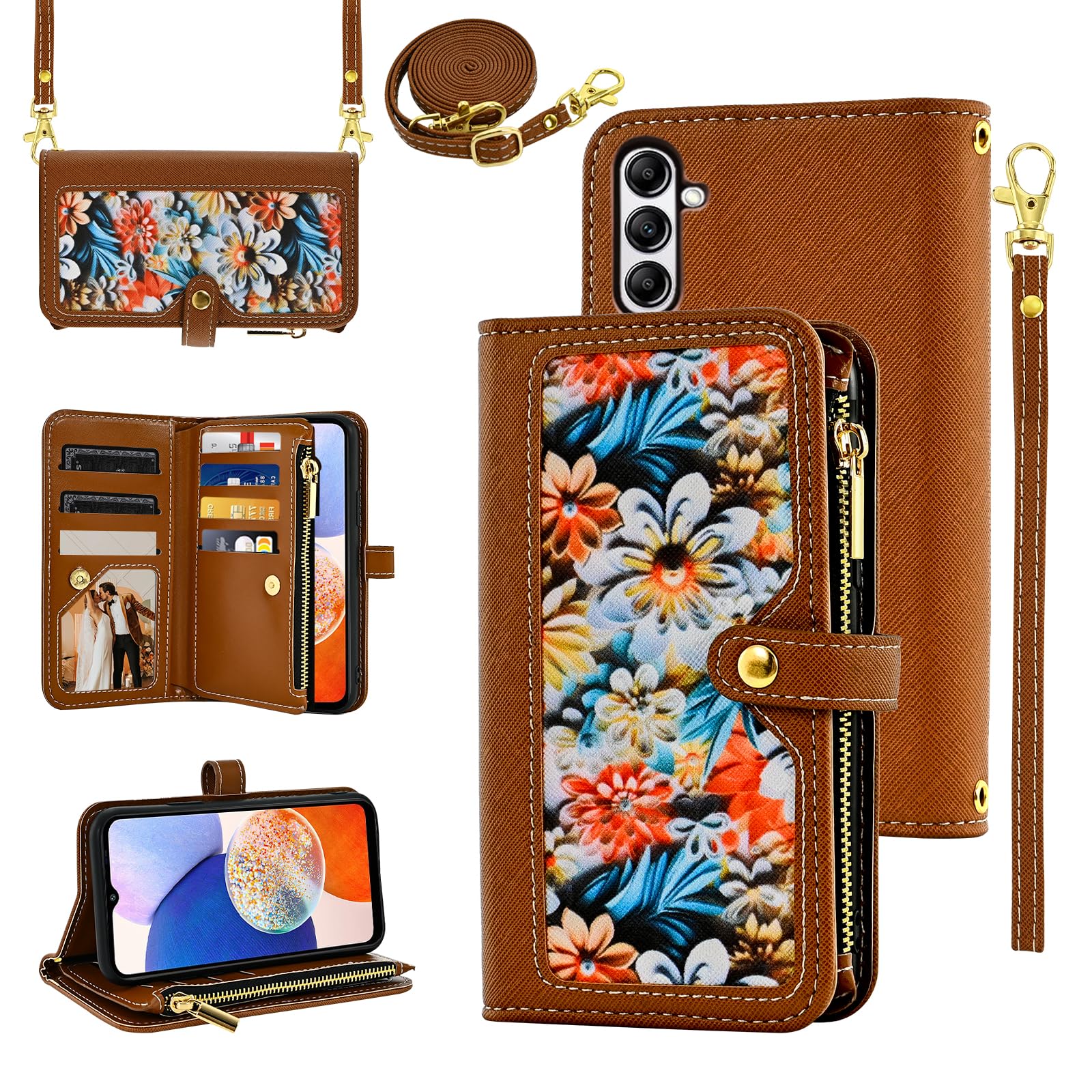 Furiet Floral Wallet Case for Samsung Galaxy S24/S25 5G with Wrist Strap Shoulder Strap Flip Zipper Purse, Luxury PU Leather Credit ID Card Holder