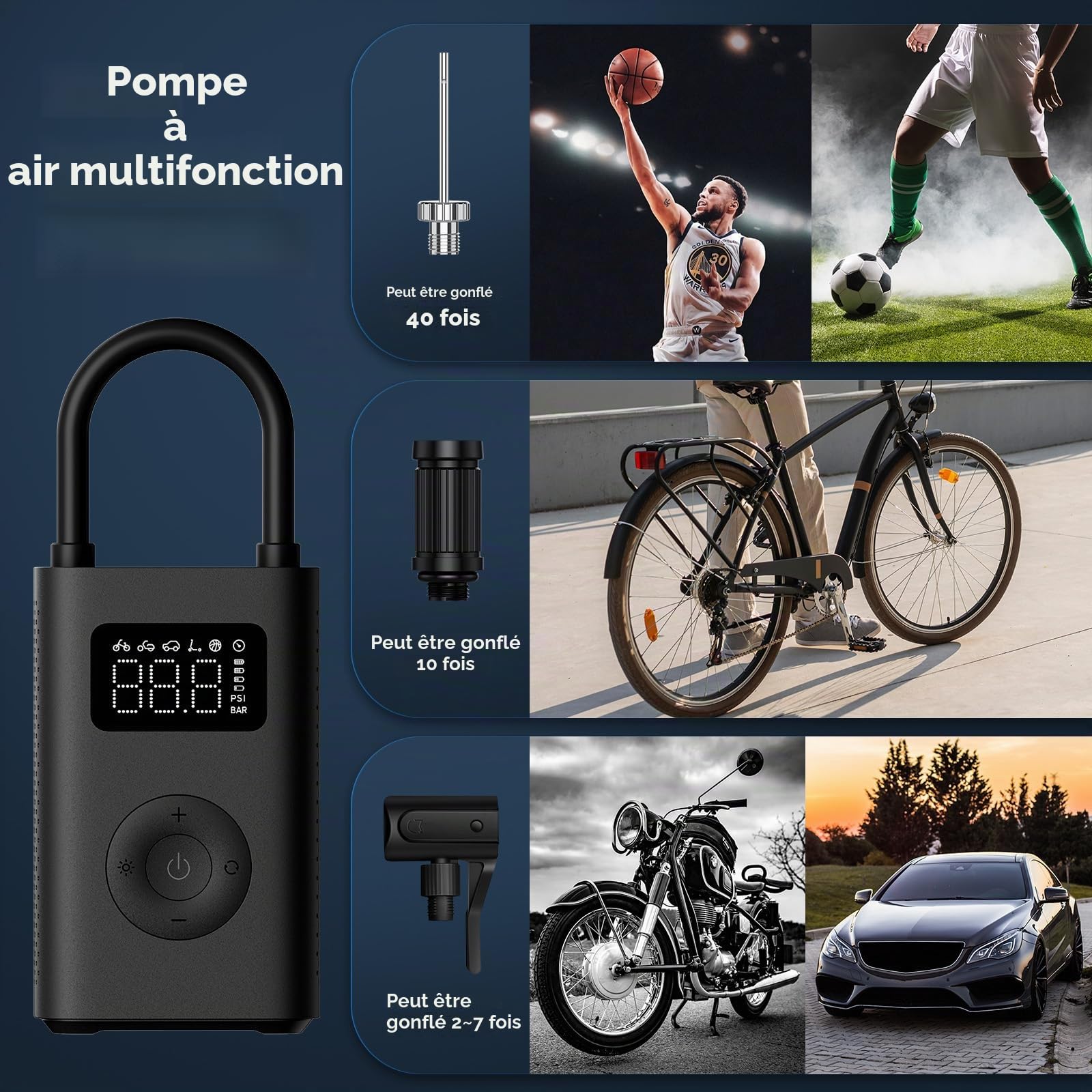 Mijia Compresseur à Air Portatif 2, 0.2-10.3 bar 3-150 psi, Pompe à Air Electrique Portable avec Batterie 2000 mAh, Chargement USB-C, Noir