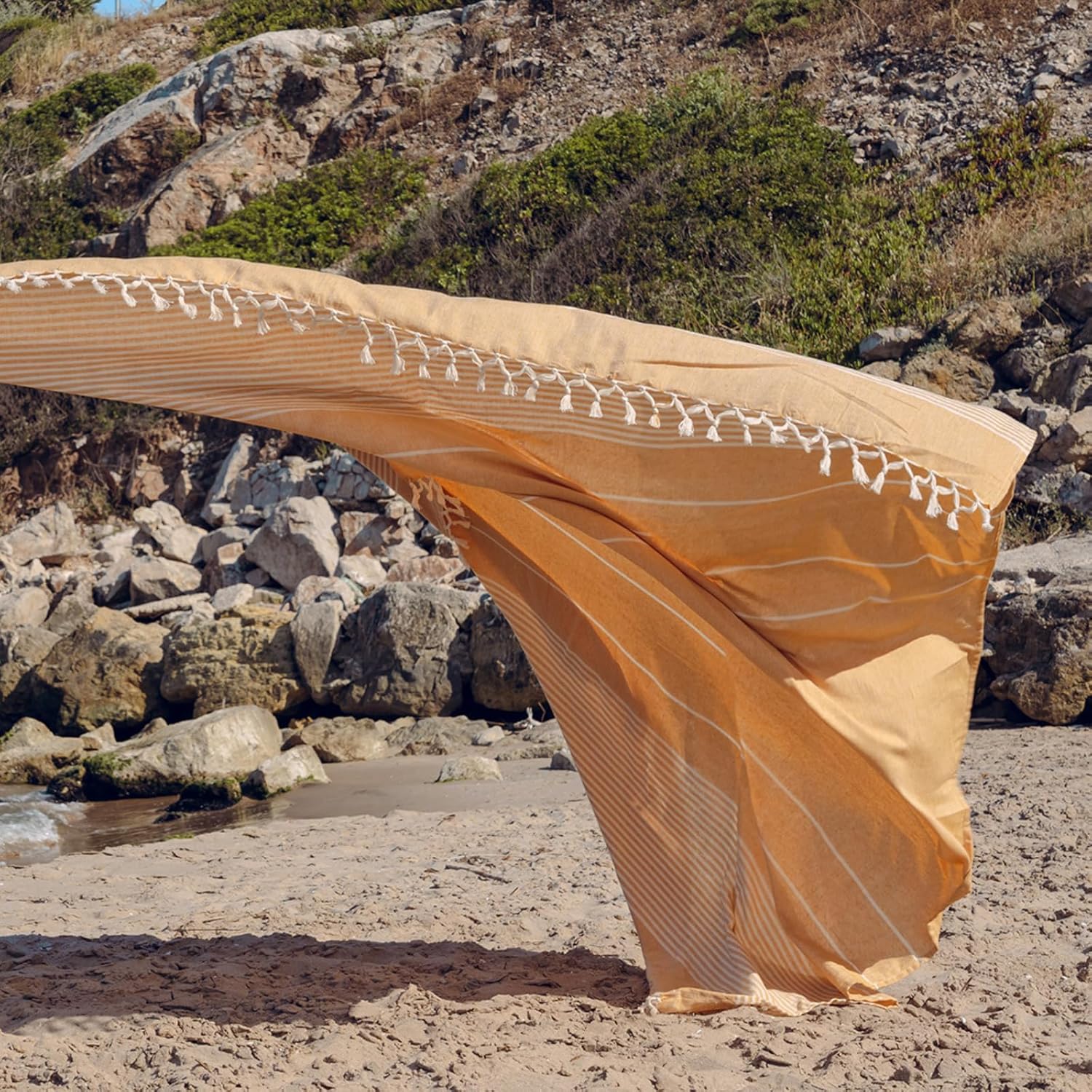 Extra Large Turkish Beach Towel Style – 100% Cotton, Sand-Free Comfort | Oversized Beach Towel – Sandproof Beach Blanket – Big Beach Mat - Outdoor Picnic Blanket (Mustard, 83x94 in)