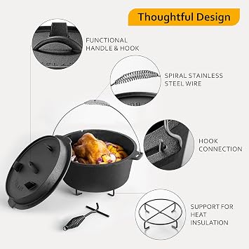 Velaze 10 QT Pre-Seasoned Cast Iron Camping Dutch Oven Pot with Lid | with Metal Handles, Lid Lifter,Stand Support,Use in Oven, on Stove,Grill,or Over Campfire,Capacity for 4-8 People