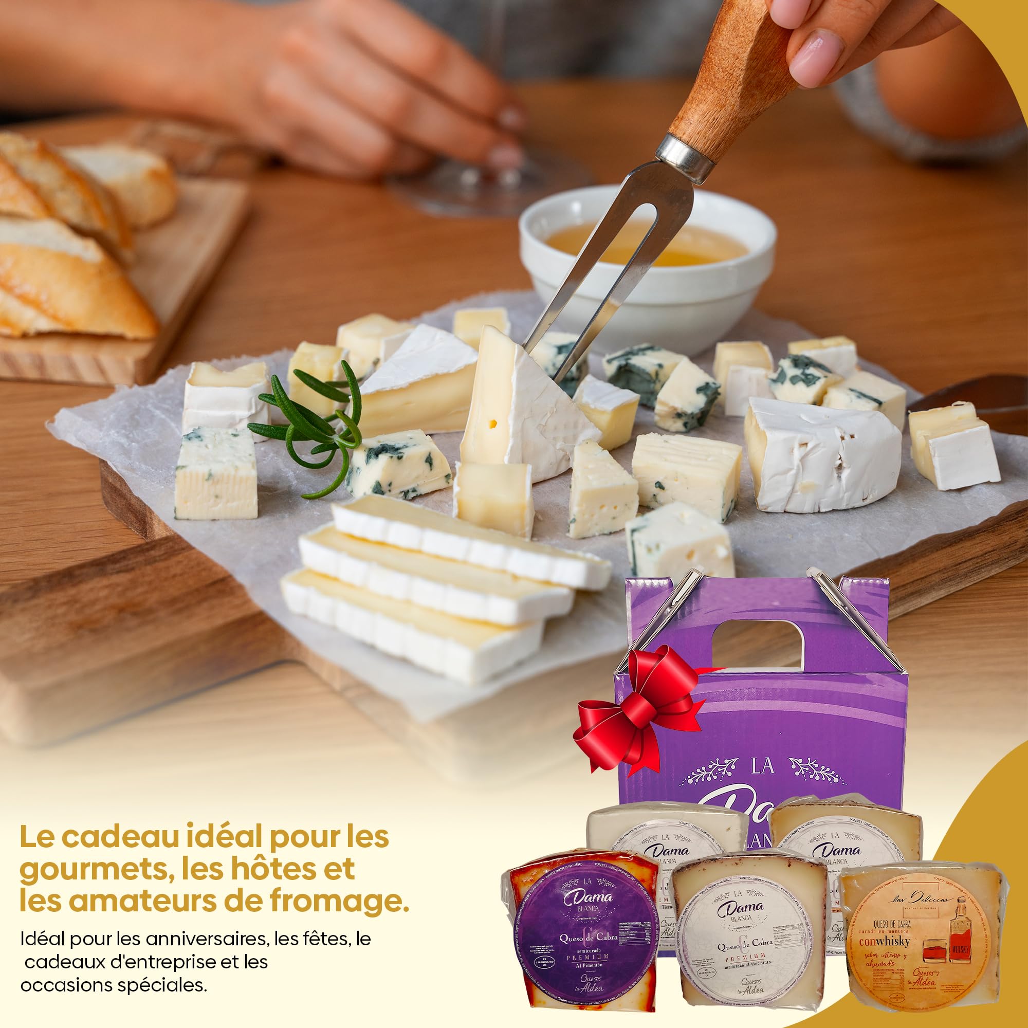QUESOS LA ALDEA | Coffret Cadeau Gourmand – 5 Portions de Fromage de Chèvre Premium : Tendre, Mi-Affiné, au Vin Rouge, au Whisky et au Piment | Panier Garni à Offrir, Panier de Noël Gourmet
