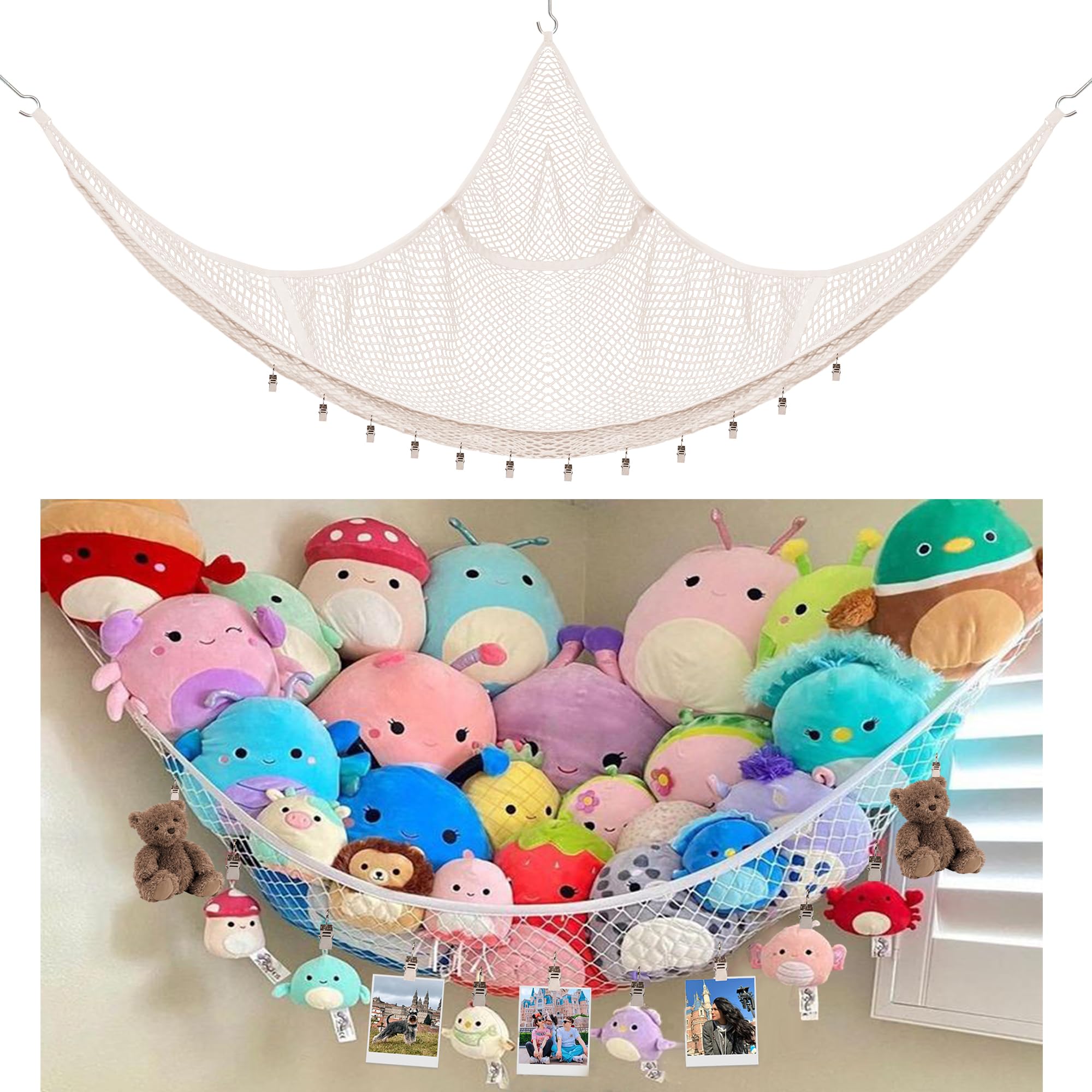 Kangaroo Stuffed Animal Storage Hammock, Corner Hanging Toy Organizer, Stuffed Animal Storage | Easy to Hang Plushie Net - Included Anchors & Hooks | for Toy Room, Nursery Bedroom & Home Decor (White)