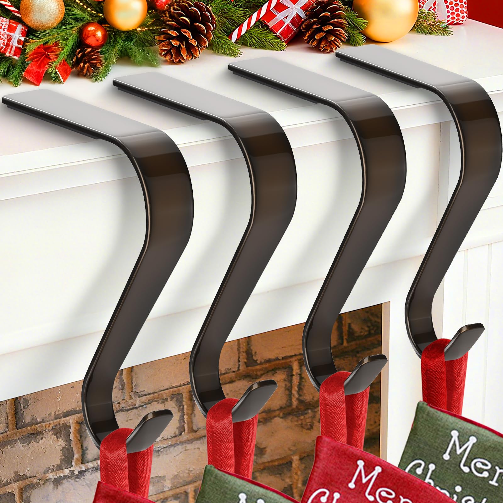 Stocking Holders for Mantle Set of 4, Non-Slip Stocking Hooks for Fireplace Christmas Mantel Decor, Heavy Duty Christmas Stocking Holder Hangers, Perfect for Xmas Decor and Home Decorations