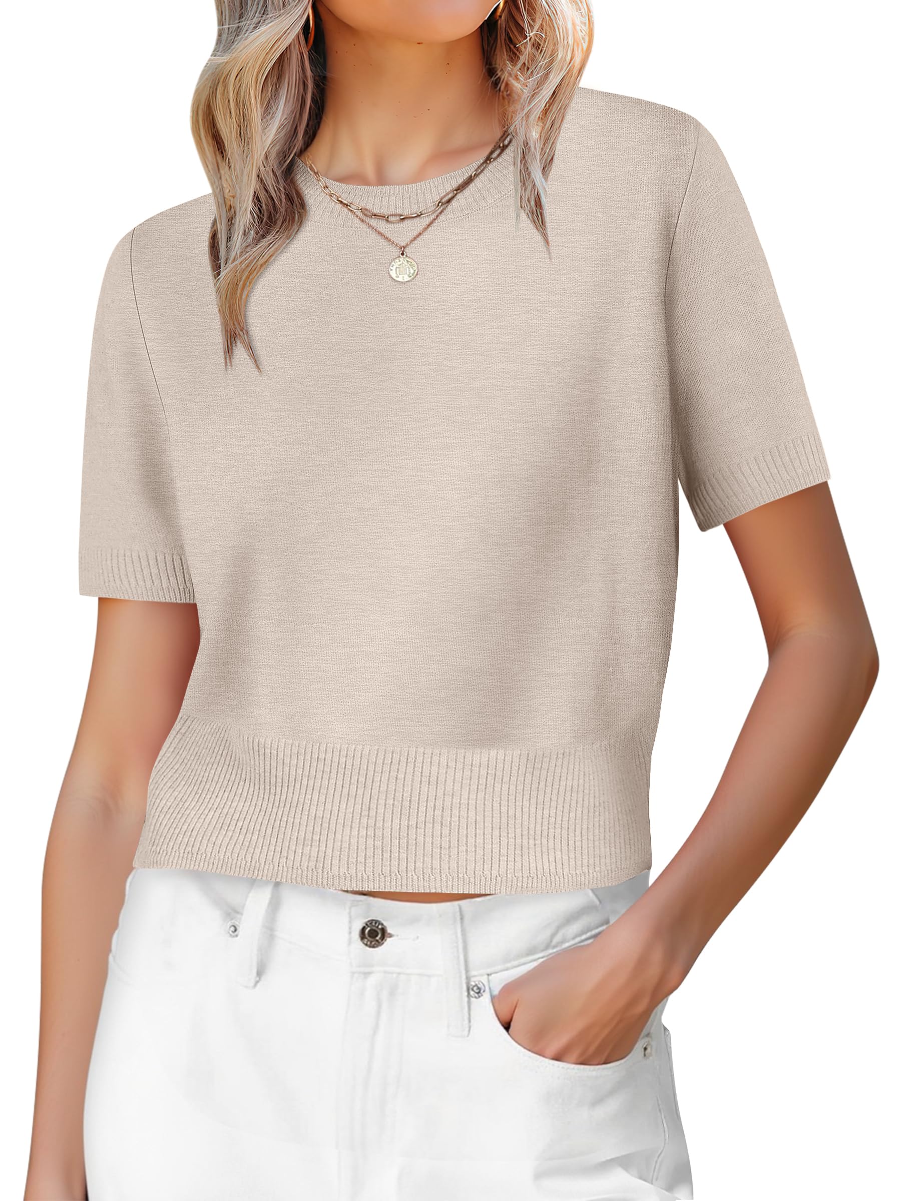 ANRABESS Womens Short Sleeve Sweaters Cropped Crew Neck Business Casual Lightweight Sweater Tops 2026 Spring Summer Outfits