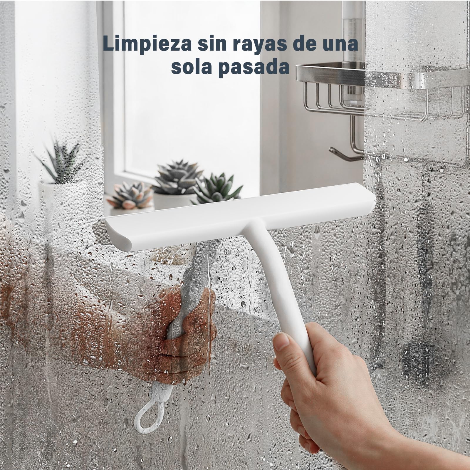 Vinabo Rasqueta Limpiacristales de Silicona para Ducha con Soporte, 21cm, Limpia Mamparas, Espejos y Ventanas sin Dejar Rayas, Diseño Ergonómico Antideslizante, Blanco