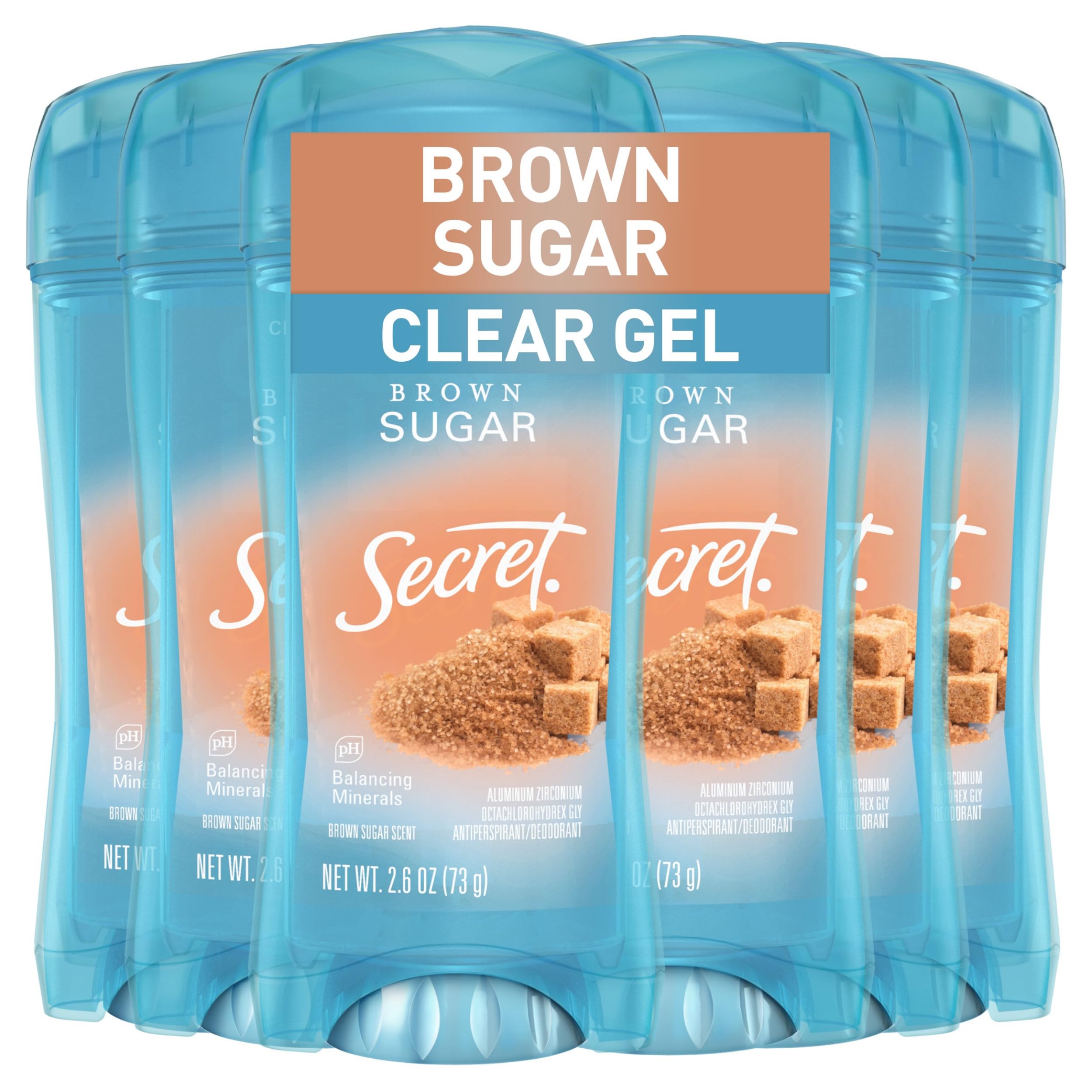 Secret Fresh Antiperspirant Deodorant for Women, 72hr Breathable Sweat & Odor Protection, Instant Freshness & Gentle, PH Balancing Minerals, Clear Gel, Brown Sugar Scent, 2.6 oz (Pack of 6)