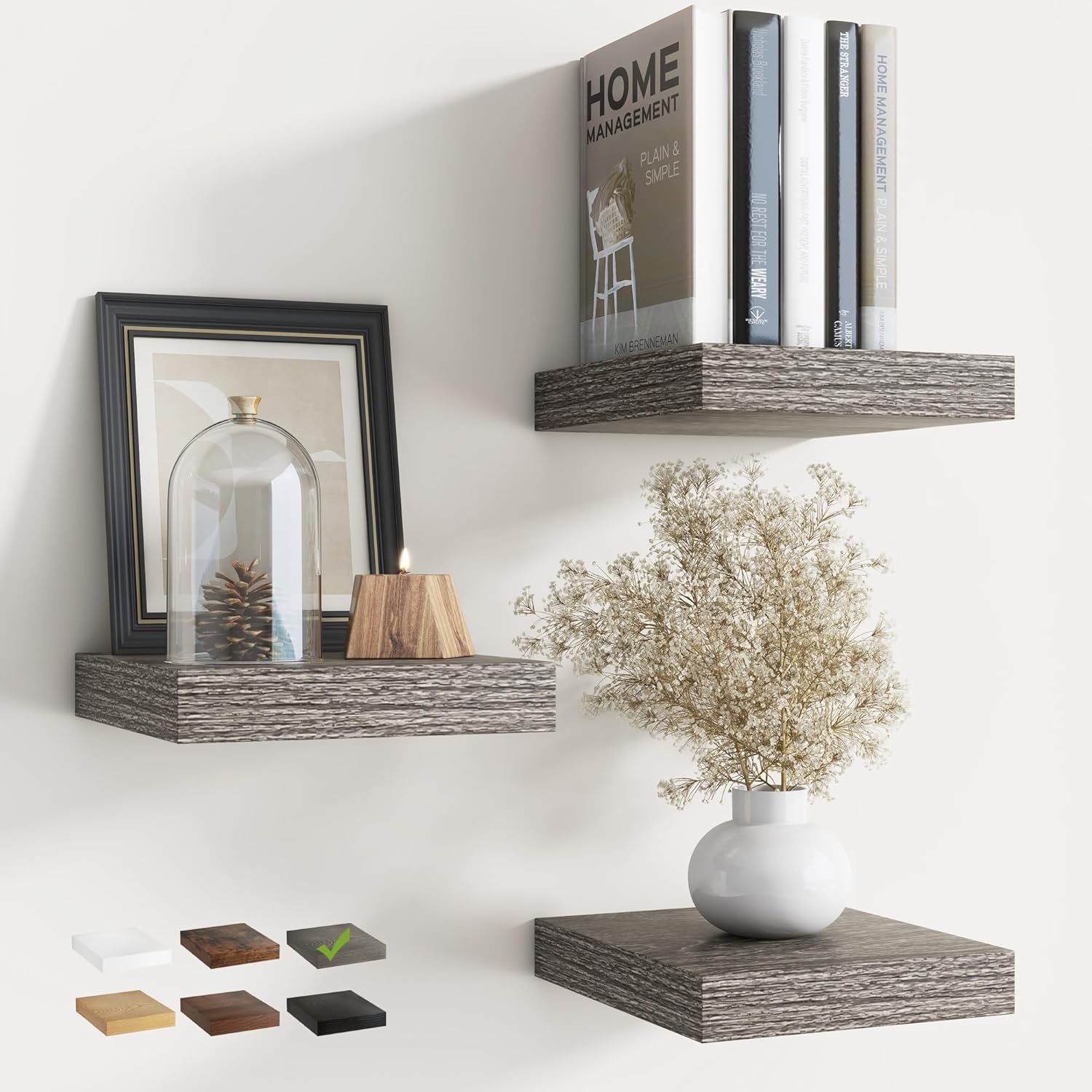 16 Inch Floating Shelves for Wall Set of 2, 8"D Wood Grain Bathroom Shelves with Invisible Brackets, Easy Install Engineered Wood Storage Shelves for Kitchen, Living Room, Bedroom, Black Finish