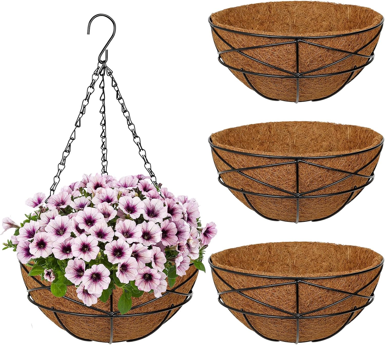 4 Pack 10 inch Metal Hanging Baskets for Plants Outdoor Metal Wire Hanging Basket Planter with Coco Fiber Liners Flower Pots for Home Porch Garden Patio, Diamond-Shaped