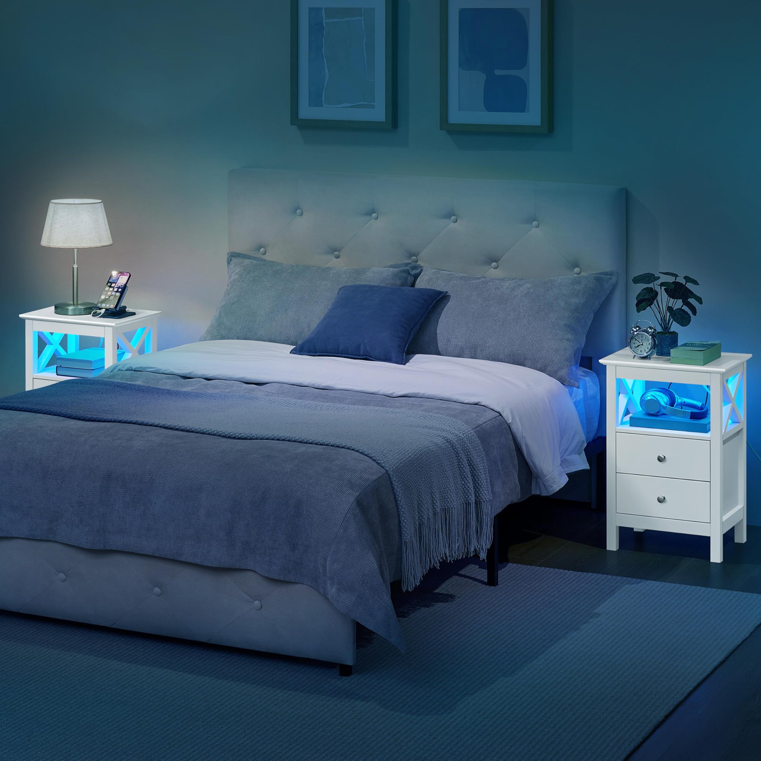 Yaheetech Comodino LED e Stazione Ricarica 2 Cassetti 1 Ripiano Aperto | Stazione di Ricarica Integrata USB e AC, Illuminazione LED Regolabile, Funzione Smart per Camera da Letto Moderna